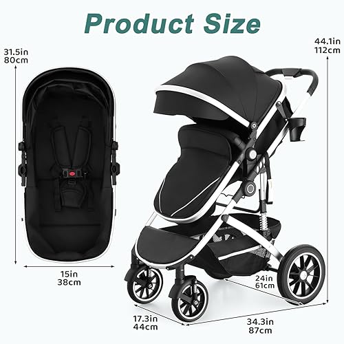 Miniatura 2 de EROMMY Cochecito de bebé 6 en 1 con moisés, cochecito infantil convertible con respaldo y toldo ajustables, cochecito plegable con asiento Negro,Gris