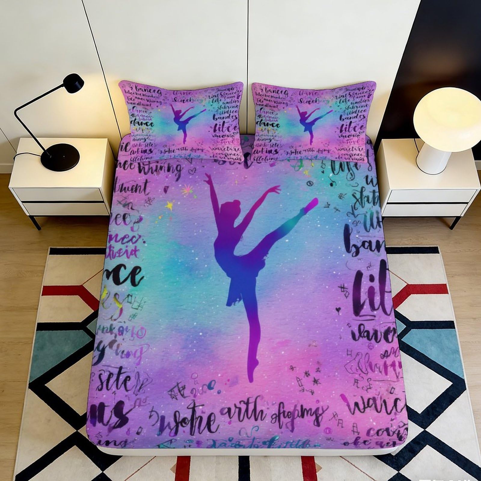 3D Printed Ballet Galaxy Fitted Sheet Microfiber Soft Pastel Gradient Dance Mattress Cover for Bedroom Dorm 90x200x25cm