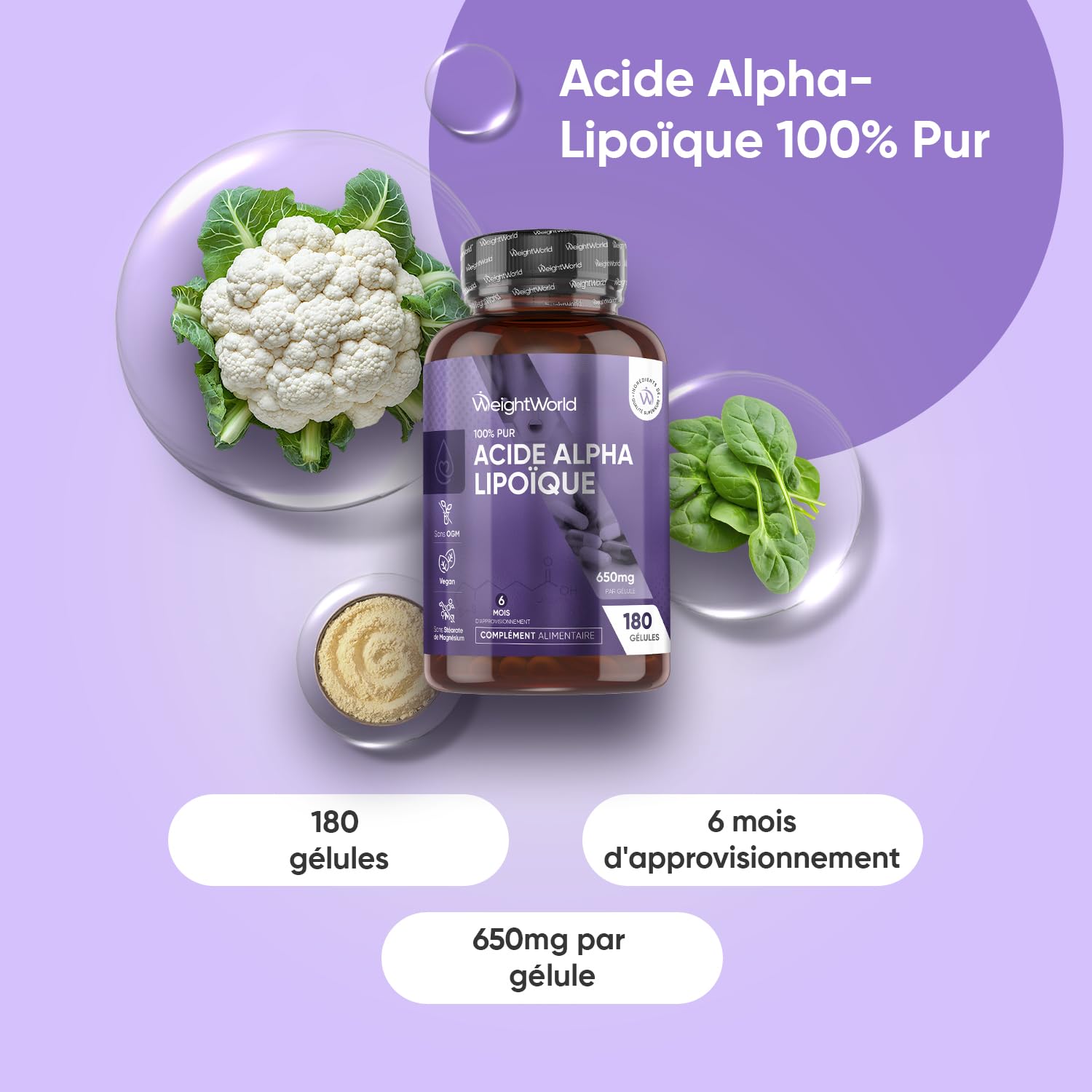 Acide Alpha-Lipoïque Pur ALA 650mg - 180 Gélules Vegan AAL (pour 6 Mois)
