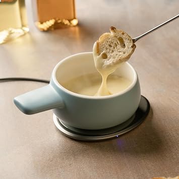 Fondi Self-Heating Ceramic Fondue Set Moonmist Blue | 7.6 fl oz / 225 mL Self-Heating Cheese & Chocolate Fondue with Heating Pad