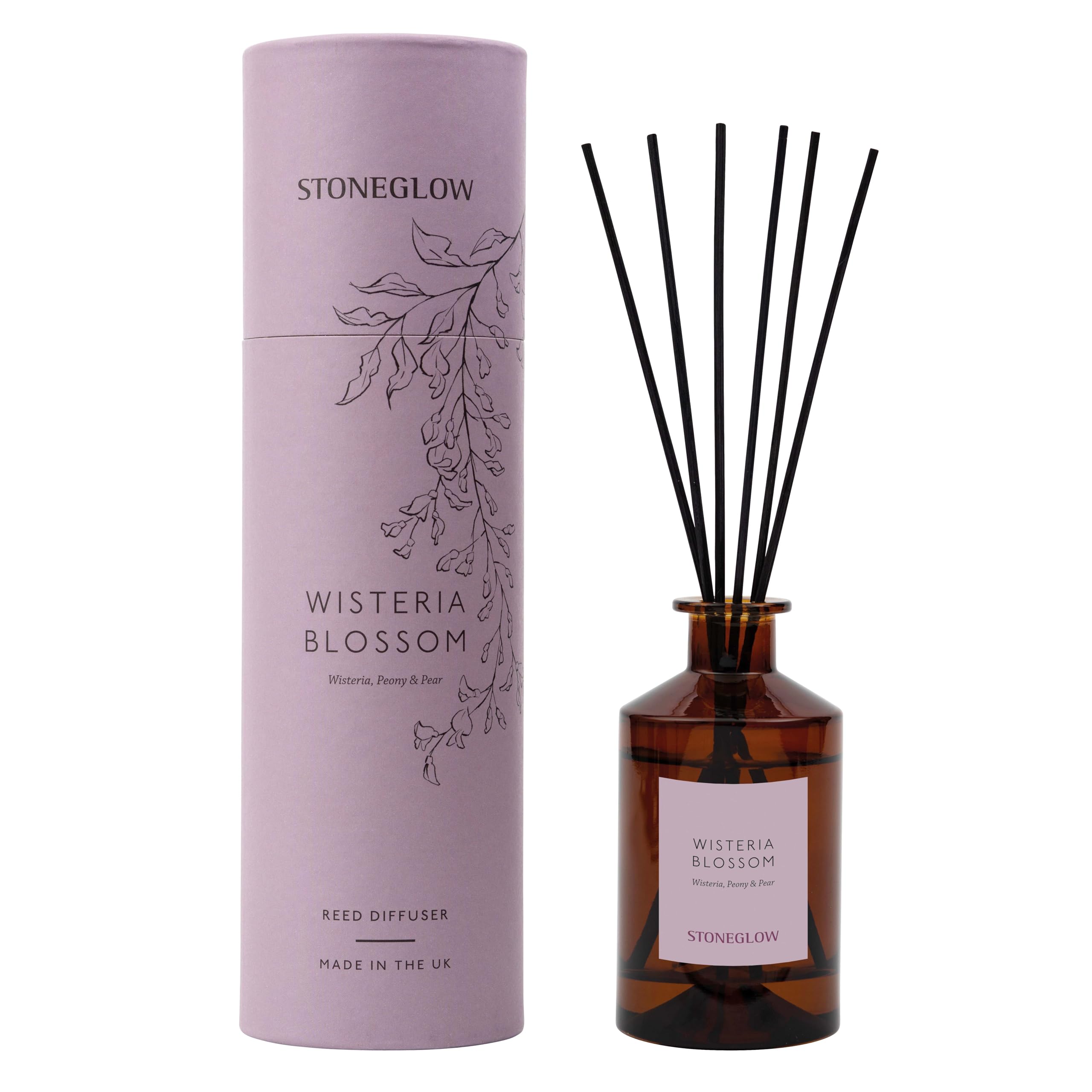 Stoneglow The Walled Garden Wisteria Blossom Scented Reed Diffuser 160ml โ Wisteria, Peony & Pear Scents, Lasts 12 Weeks, 12 Rattan Reed Diffuser Sticks, Refillable Air Freshener for Home