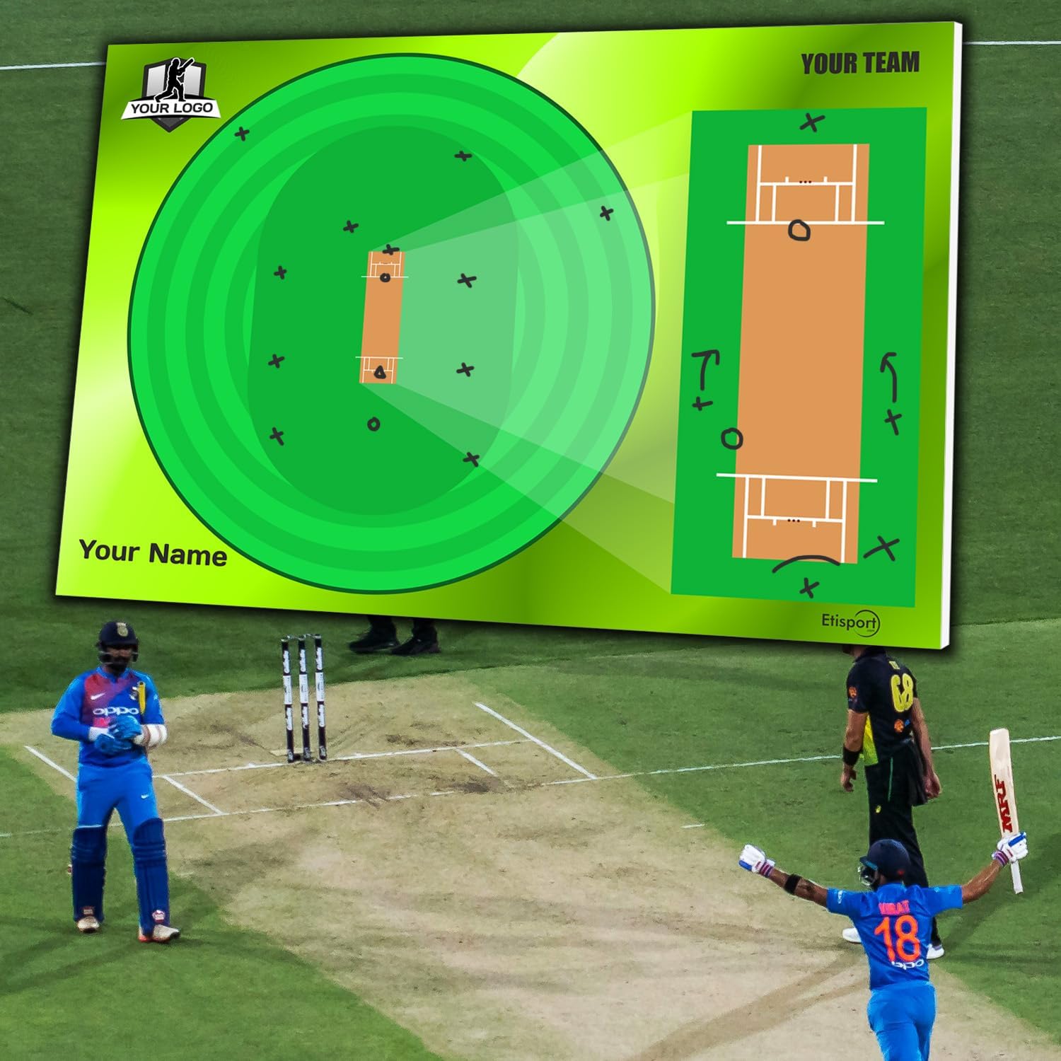 Tactical Cricket Coach Whiteboard. Double-Sided and Suitable for Dry-Erase Markers. Personalized with Color, Shield or Logo, Name, and Club.