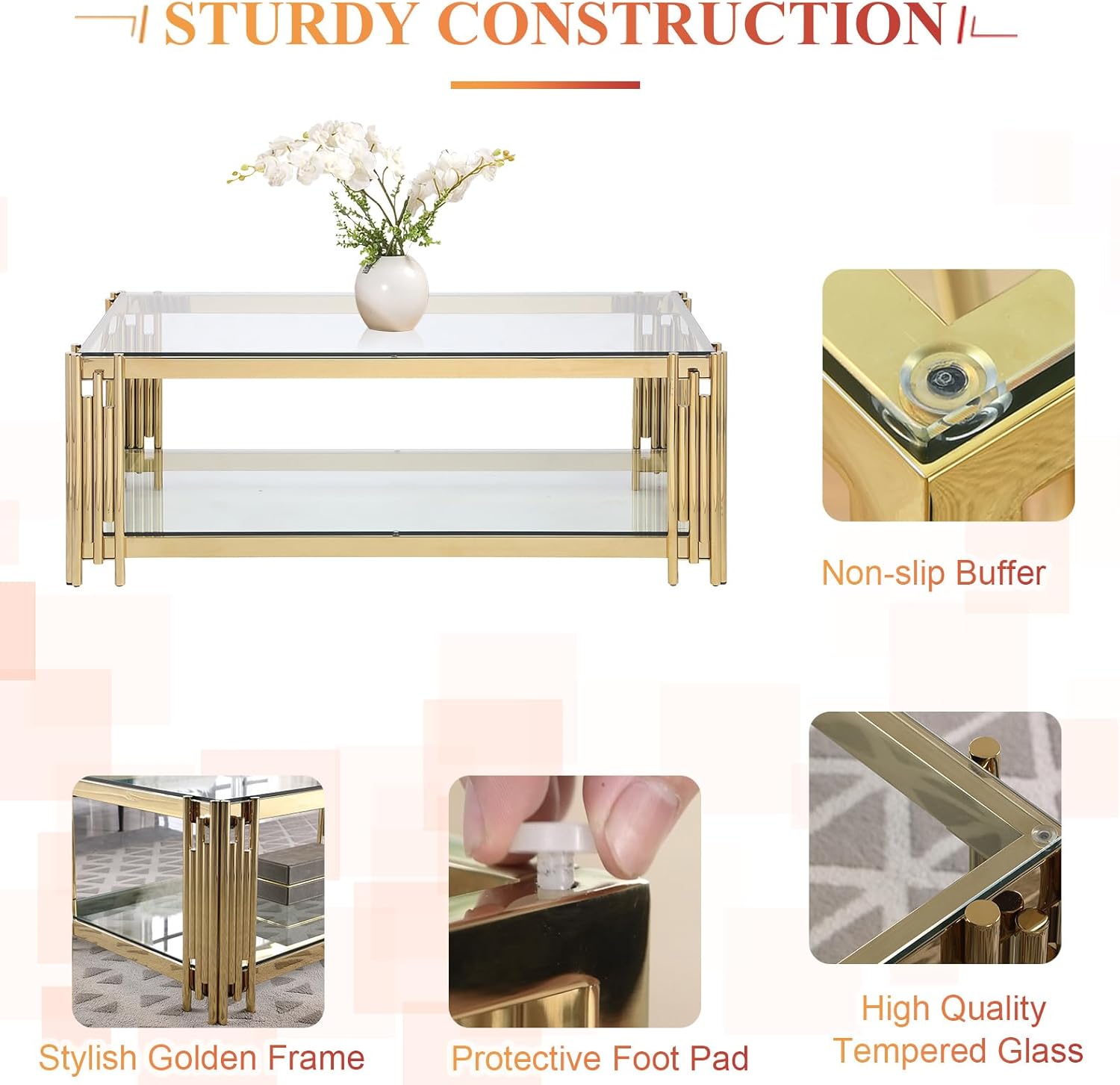 48" Rectangle Gold Coffee Tables for Living Room, 2-Tier Tempered Glass Top Coffee Table with Storage & Stylish Stainless Steel Frame, Modern Cocktail Center Table for Small Space Office