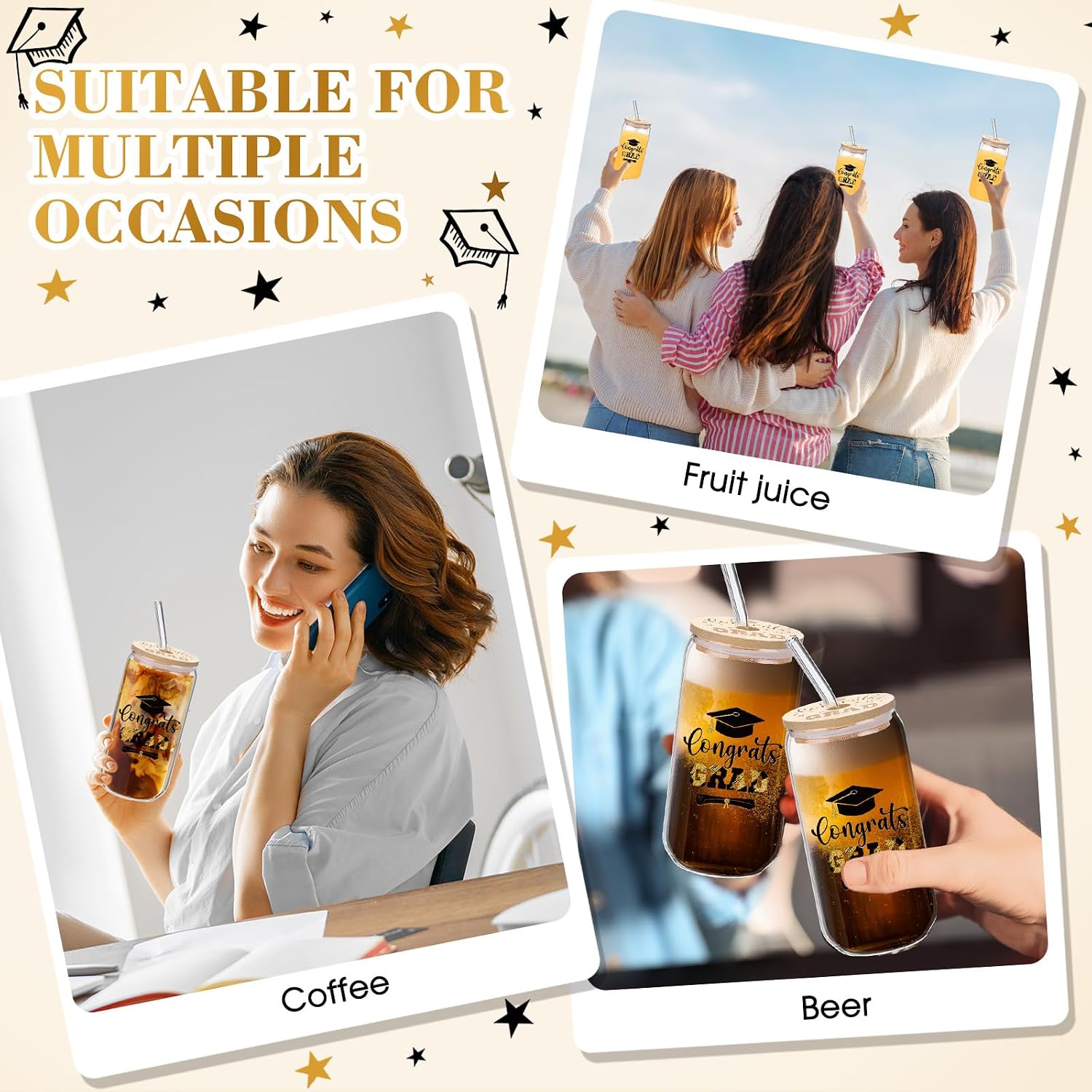 Tioncy 8 Pcs Graduation Gifts Class of 2026 Glass Drinking Cups with Lids and Straw for Her Him Congrats Grad Can Shaped Coffee Cups, 16 oz College Masters Degree Graduation Gifts(Black)