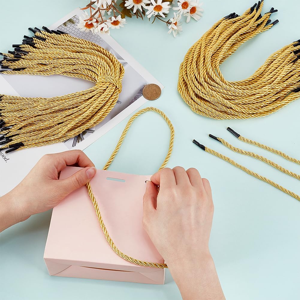 100Pcs Braid Gift Bag Rope Yellow Solid Wave Handle Rope with Plastic Black Cord End Reusable Decorative String Replacement Carrying Portable Thread Cord for Gift Bag image 3