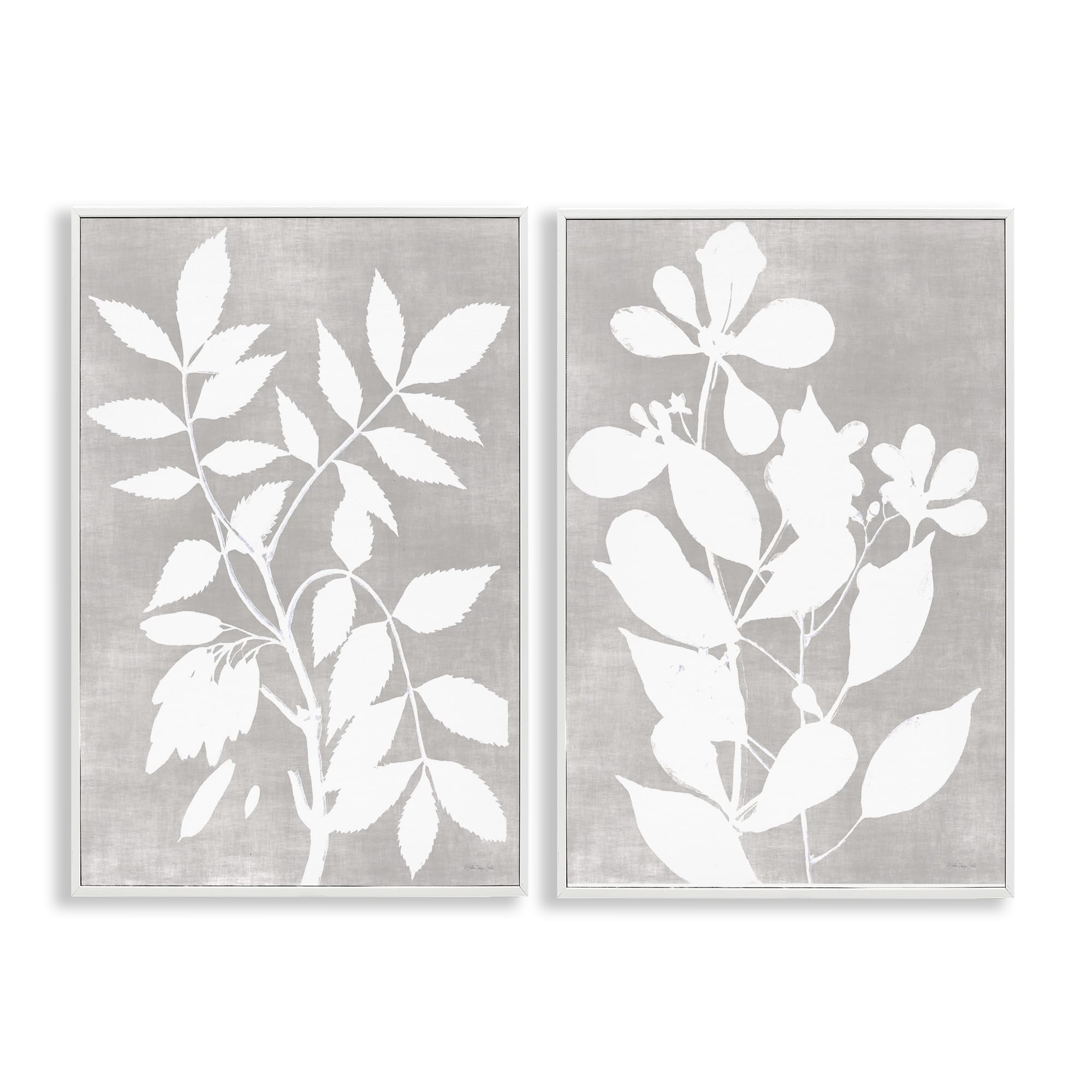 Stupell Industries Mid Century Modern Floral Foliage 'Grey Foliage Impression'| 2Pc Framed Giclee Art Set 2