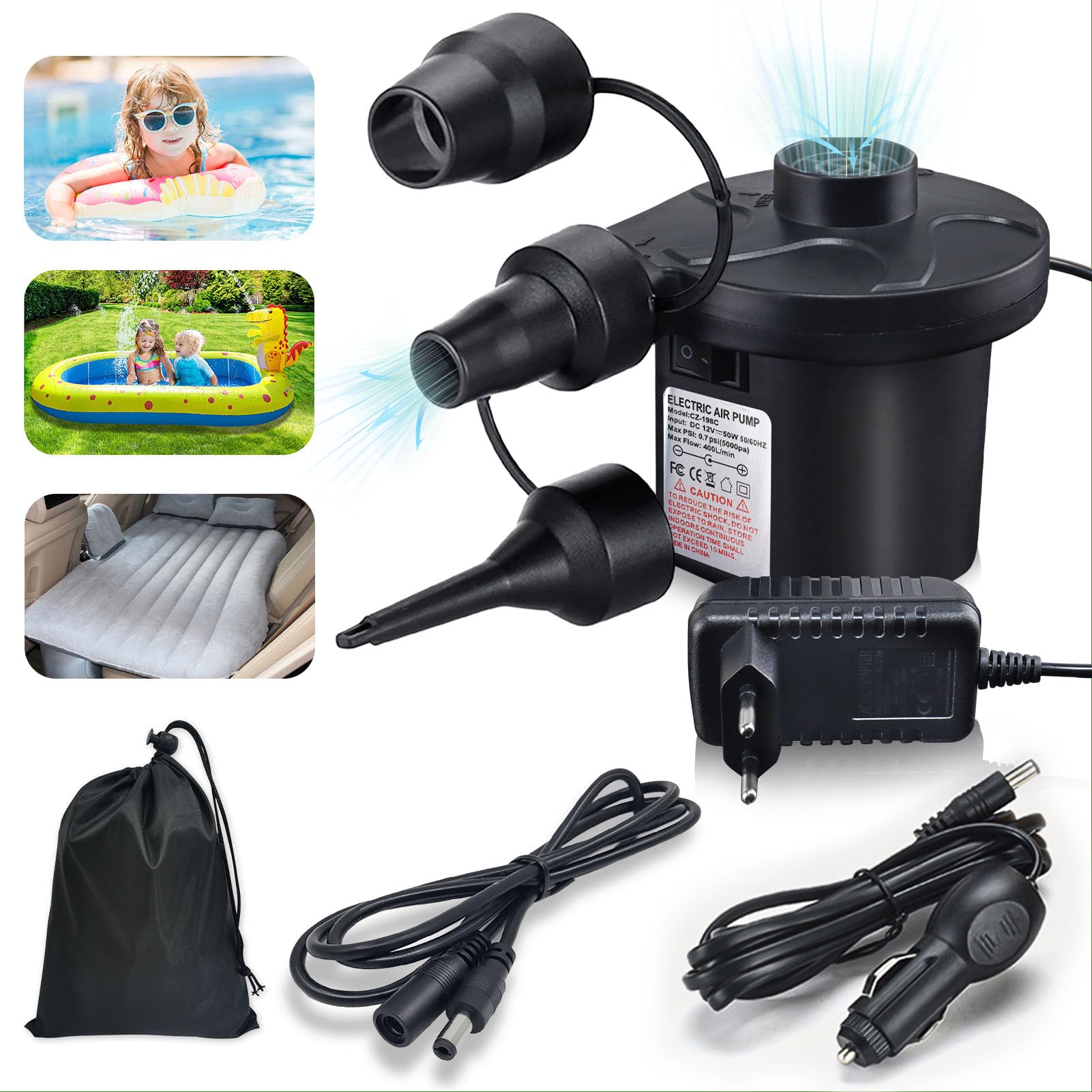 Pompa ad aria elettrica, pompa ad aria per materasso ad aria 2 in 1, pompa elettrica gonfiabile e scarico, pompa ad aria portatile elettrica per materasso, piscina, materasso ad aria, anello di nuoto