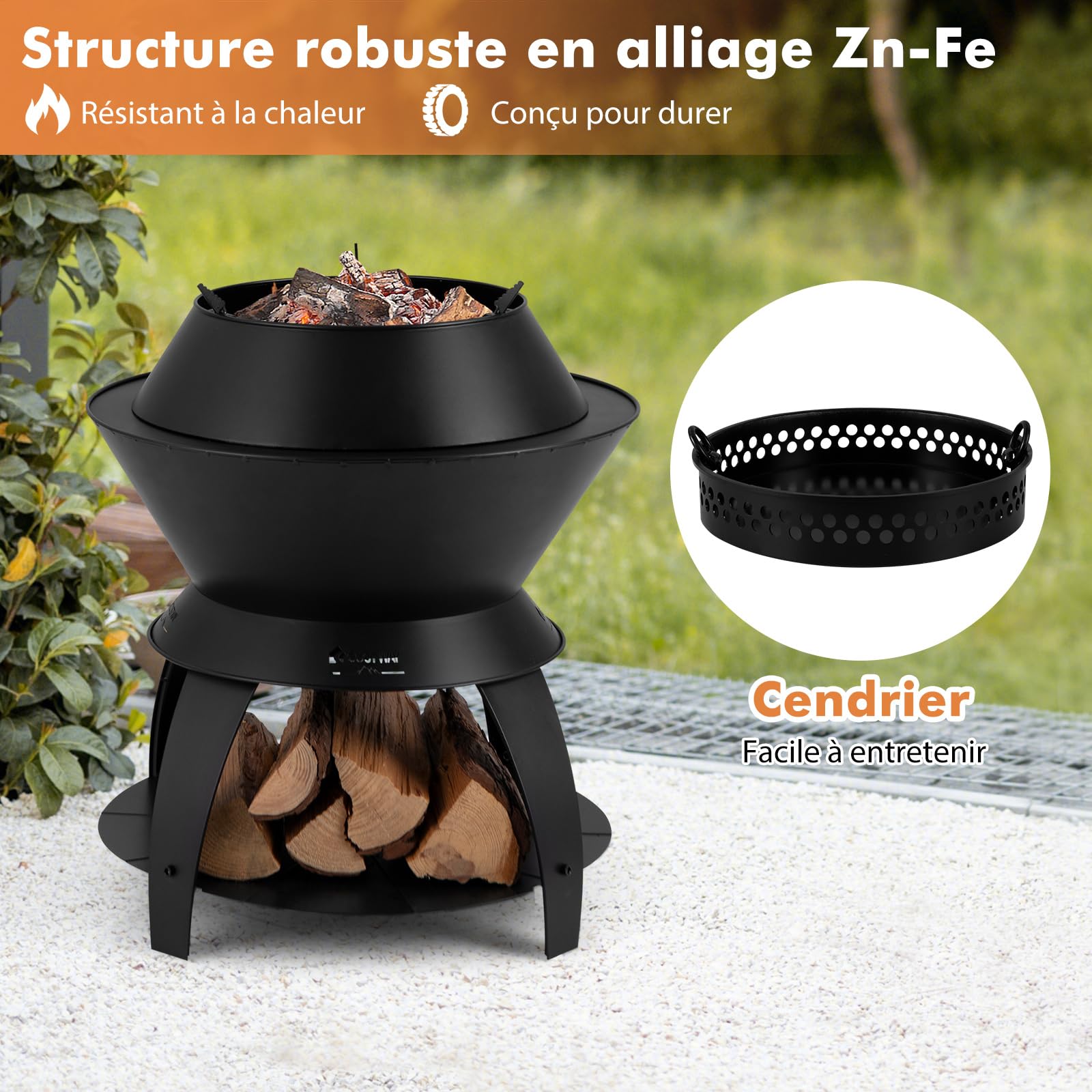 GYMAX Foyer Extérieur en Métal, Brasero Compact 3 en 1 avec Cendrier, Étagère Inférieure pour Rangement de Bûches, Trous pour Entrée d'air, pour Barbecue, Camping