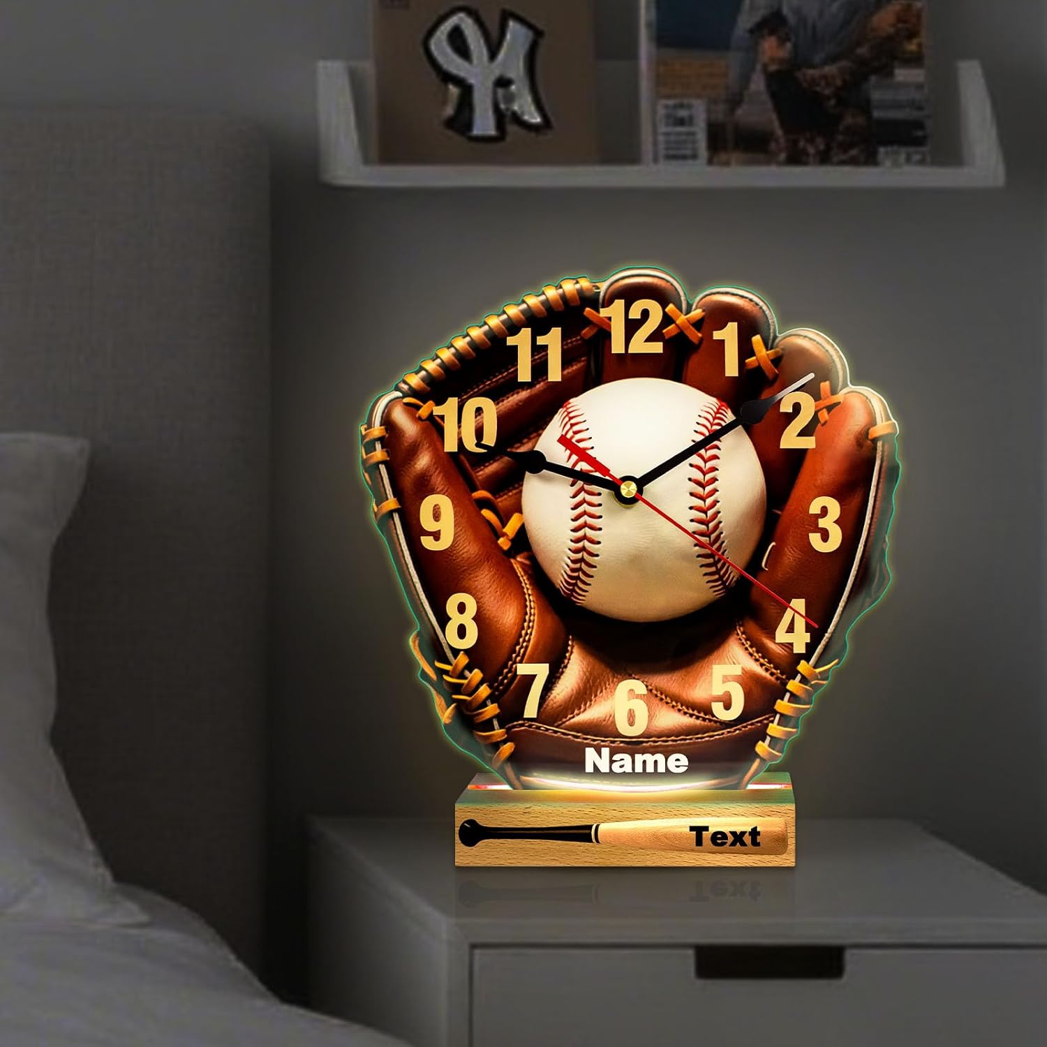 Customized Name Baseball Led Night Desk Clock,Bedroom Time Night Light,Quartz Movement,Silent Pointers,10,12 in,Baseball Themed Birthday Gift Decorating Boy's Room