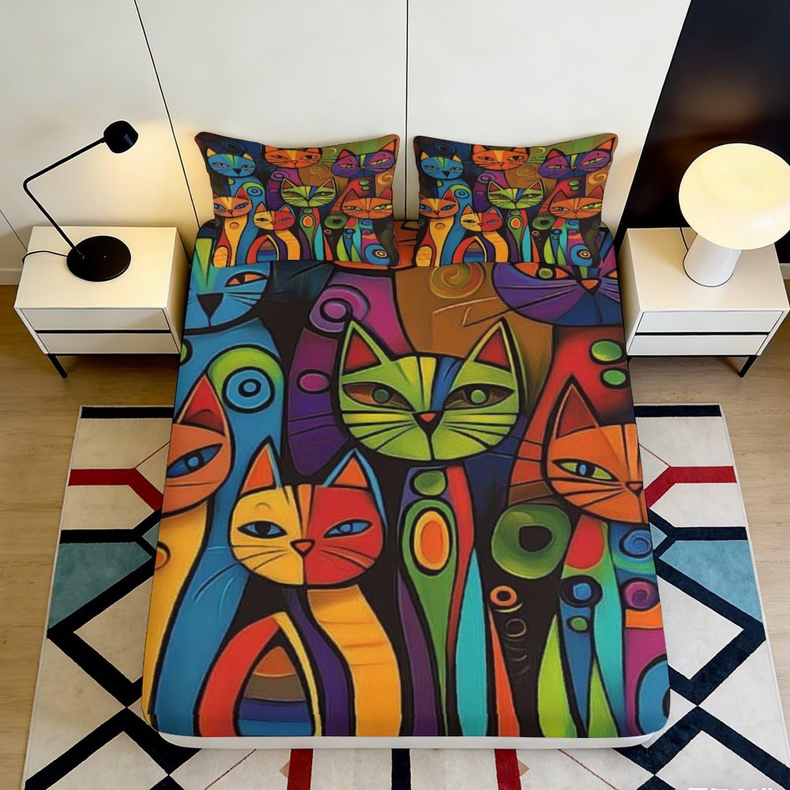 3D Printed Colorful Cats Fitted Sheet Microfiber Deep Pocket Non-Slip Cat Mattress Fitted Cover Bedroom Bedding for Adults Teens 200x200x25cm 90x200x25cm
