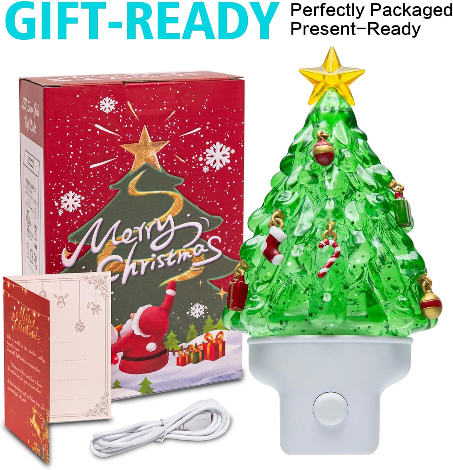Christmas Tree Night Light with Swirling Glitter, Plug-in Wall Light with Push-Button Switch, Vintage Christmas Decorations for Home, Bedroom, Bathroom, Holiday Gifts Includes Gift Box