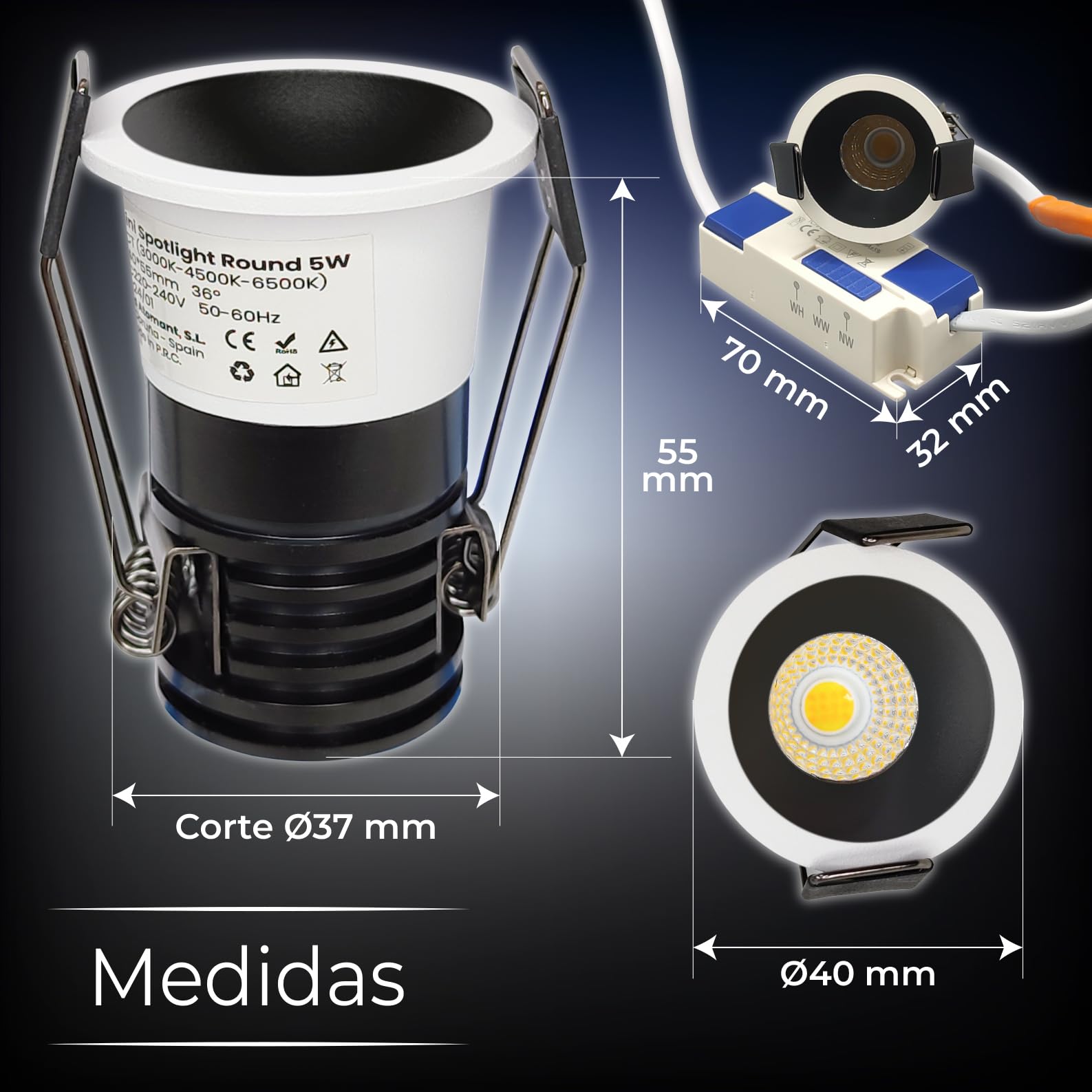 LED ATOMANT 8x Mini LED Einbaustrahler Ausschnitt 37mm 5W CCT 3000-6500K | Durchmesser 40mm, Mit CCT-Farbtemperaturwahlschalter, 400 Lumen, Schutzart IP20