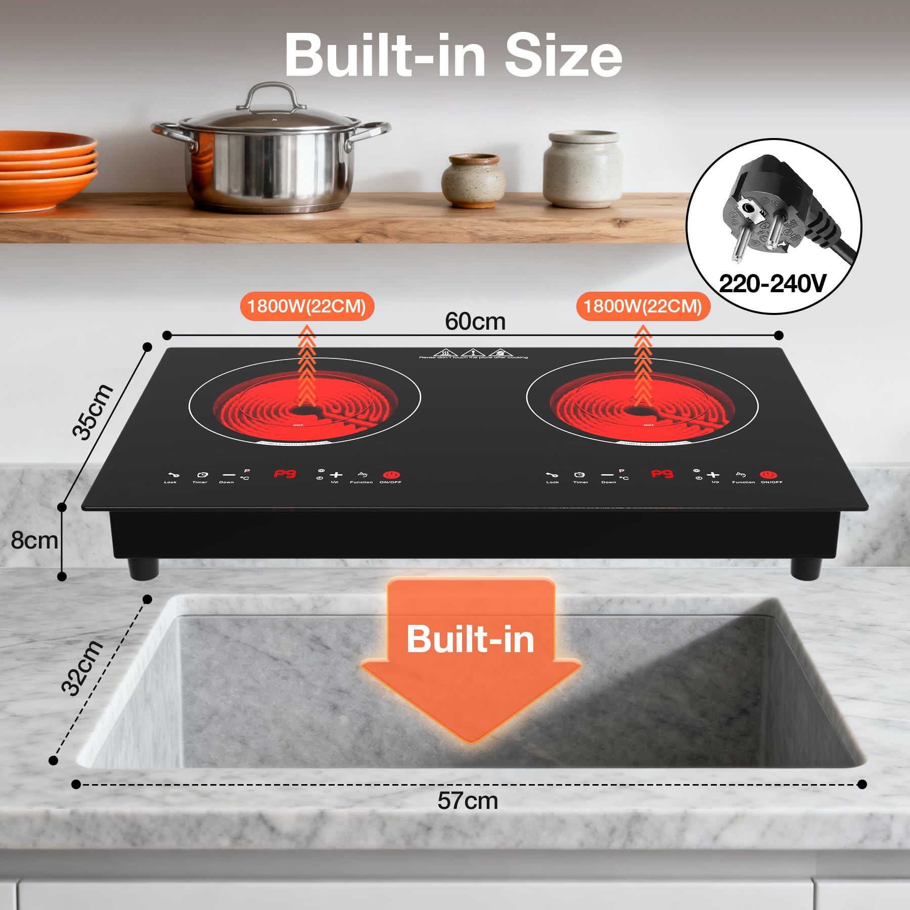 Placa Vitrocerámica 2 Fuegos 3600W, Placa de Cocción Eléctrica 60cm con 9 Niveles de Potencia, Temporizador 4H, Compatible con Todas las Ollas, Encastrable o Sobremesa