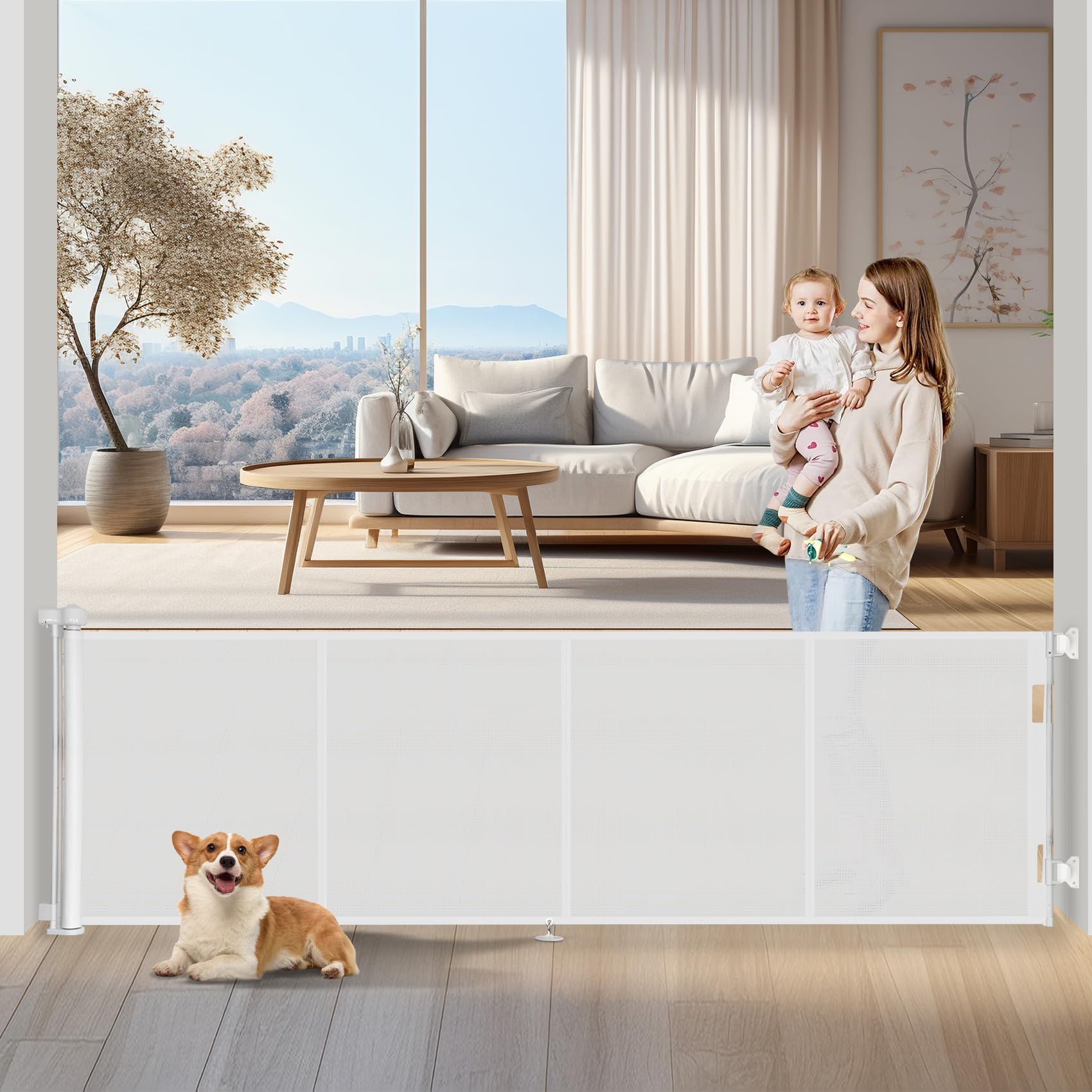 Upgrade 200 inch Retractable Baby Gates Extra Wide with Reinforced Strip Design to Prevent Crawling Through, 200" Retractable Dog Gate, 42" Tall, Retractable Gate for Indoor/Outdoor(White)