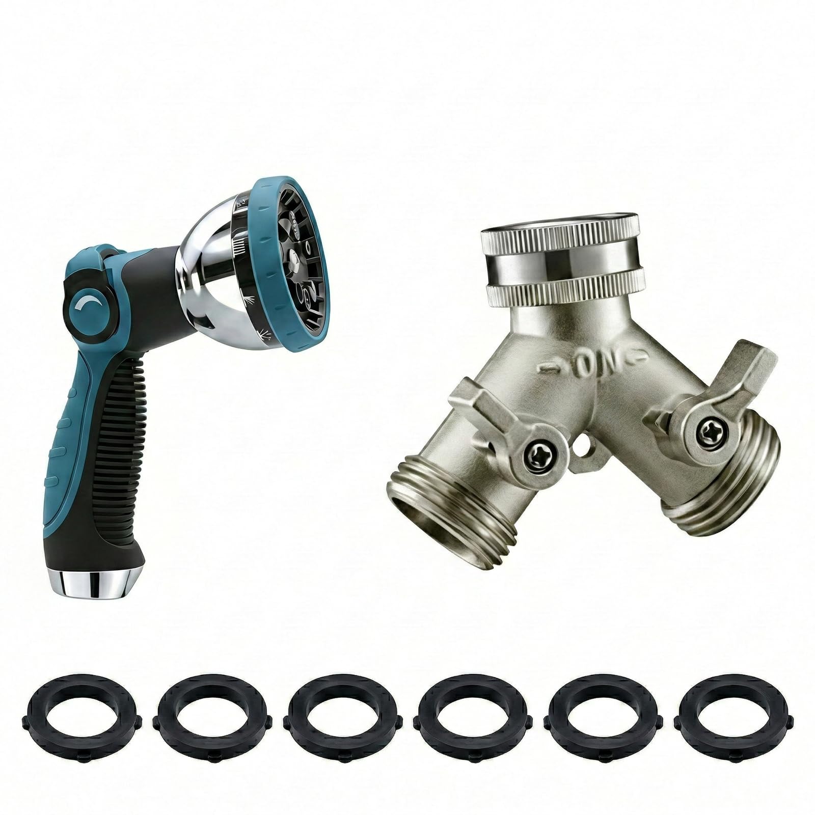 Garden Hose Nozzle &amp; Nickel Plated Solid Brass Hose Splitter Combo, Heavy Duty Metal Water Sprayer &amp; 2 Way Y Splitter, Leak-Proof Thumb Control Nozzle for Watering, Car Washing &amp; Pet Shower
