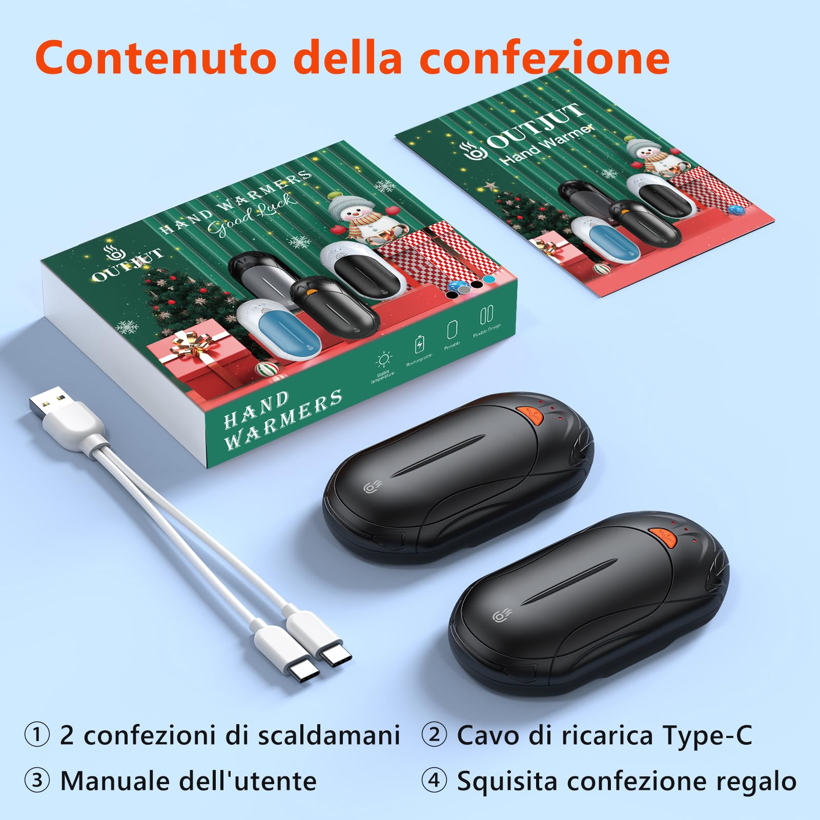 Scaldamani Elettrico 6000mAh, OUTJUT 2 Pezzi USB Diviso Scaldamani Ricaricabile, Calore con 3 Livelli per Attività Invernali all'Aperto, 20 Ore di Riscaldamento, Regali di Natale per Familiari