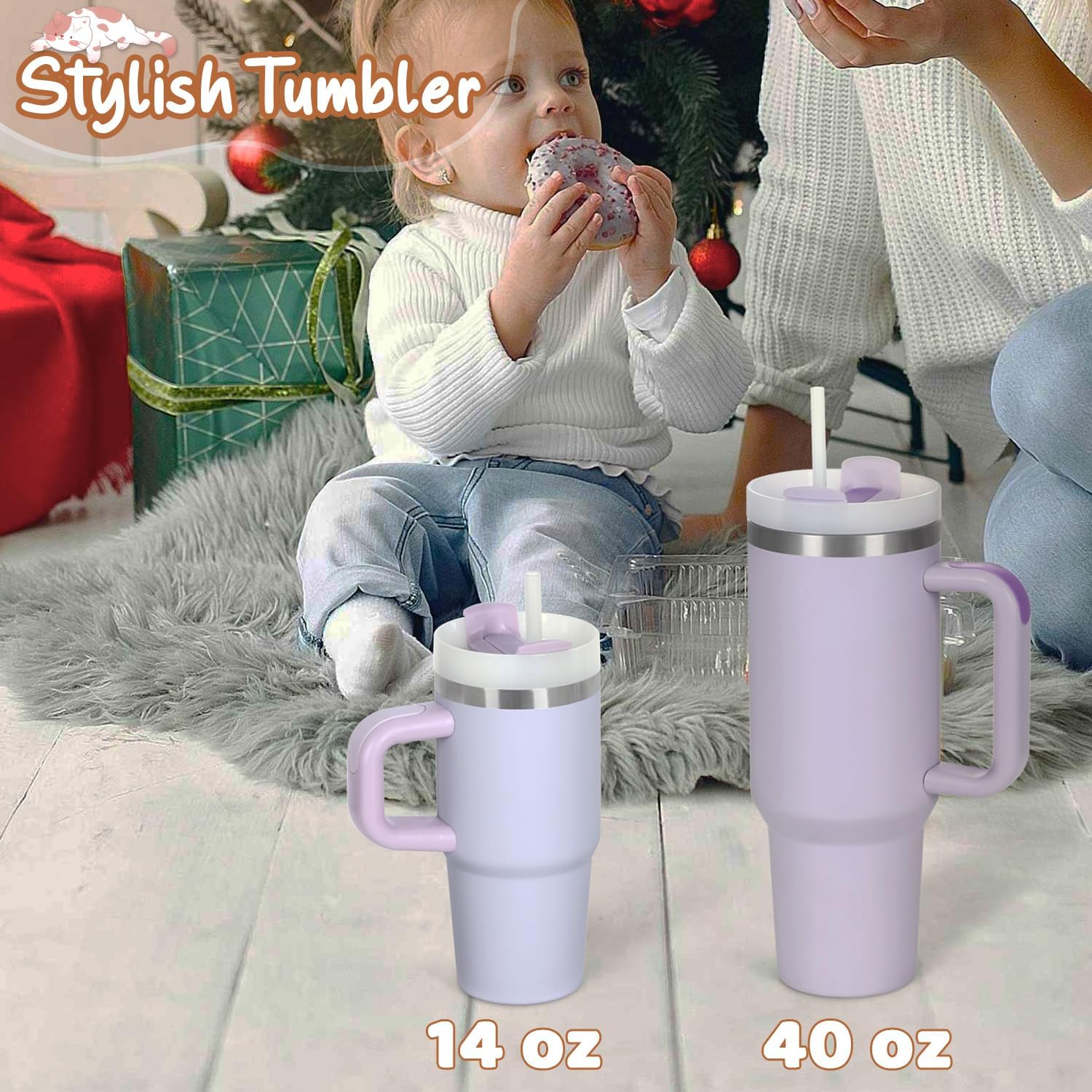 Cosictic 14 Oz Tumbler with Handle and Straw for Kids, Stainless Steel Double Wall Vacuum Insulated Cup for Children, 14 Oz Cups for Kids (Purple) - Image 6