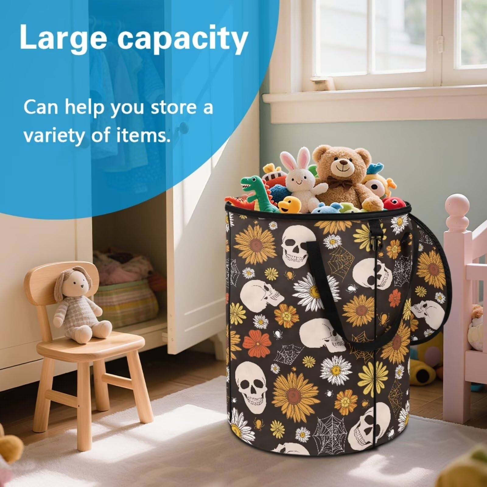 BIGCARJOB Sunflower Skull Foldable Trash Can Outside Waste Basket Bin Water Resistant Garbage Bag Recycling Bin Trash Can with Lid and Clip, 22.83x17.71 in