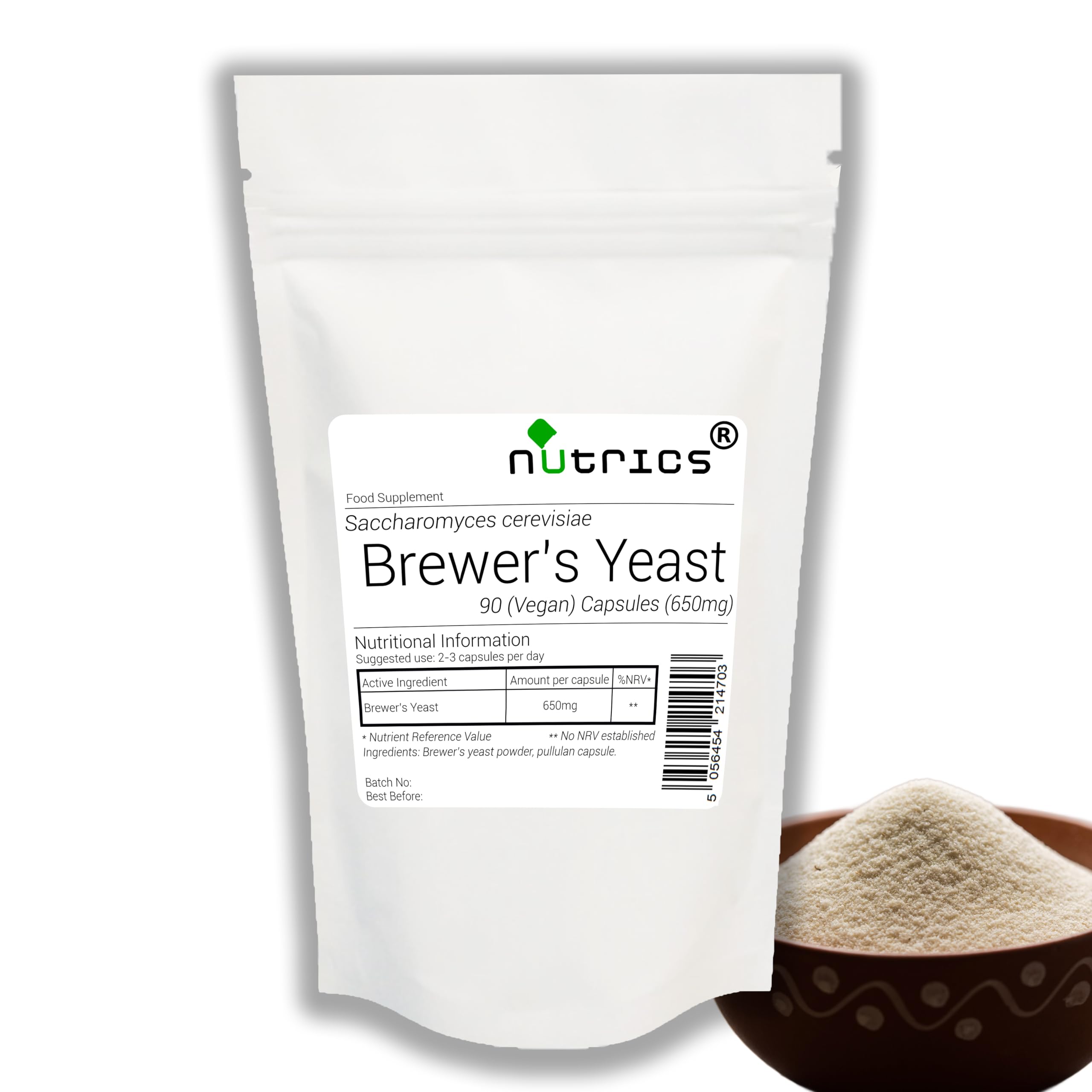 Nutrics® Brewers Yeast 650mg 90 Vegan Capsules Saccharomyces Cerevisiae Baker's Yeast Sugar Fungus -Suitable for Vegan Vegetarian