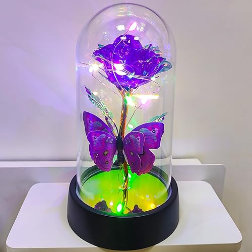 JUNQIU Mothers Day Rose Gifts for Mom, Glass Rose in Glass Dome, Light Up Flower, Galaxy Roses, Birthday Gifts for Women, Purple Butterfly Flowers Gift for Mom,Sister,Her,Grandma,Wife