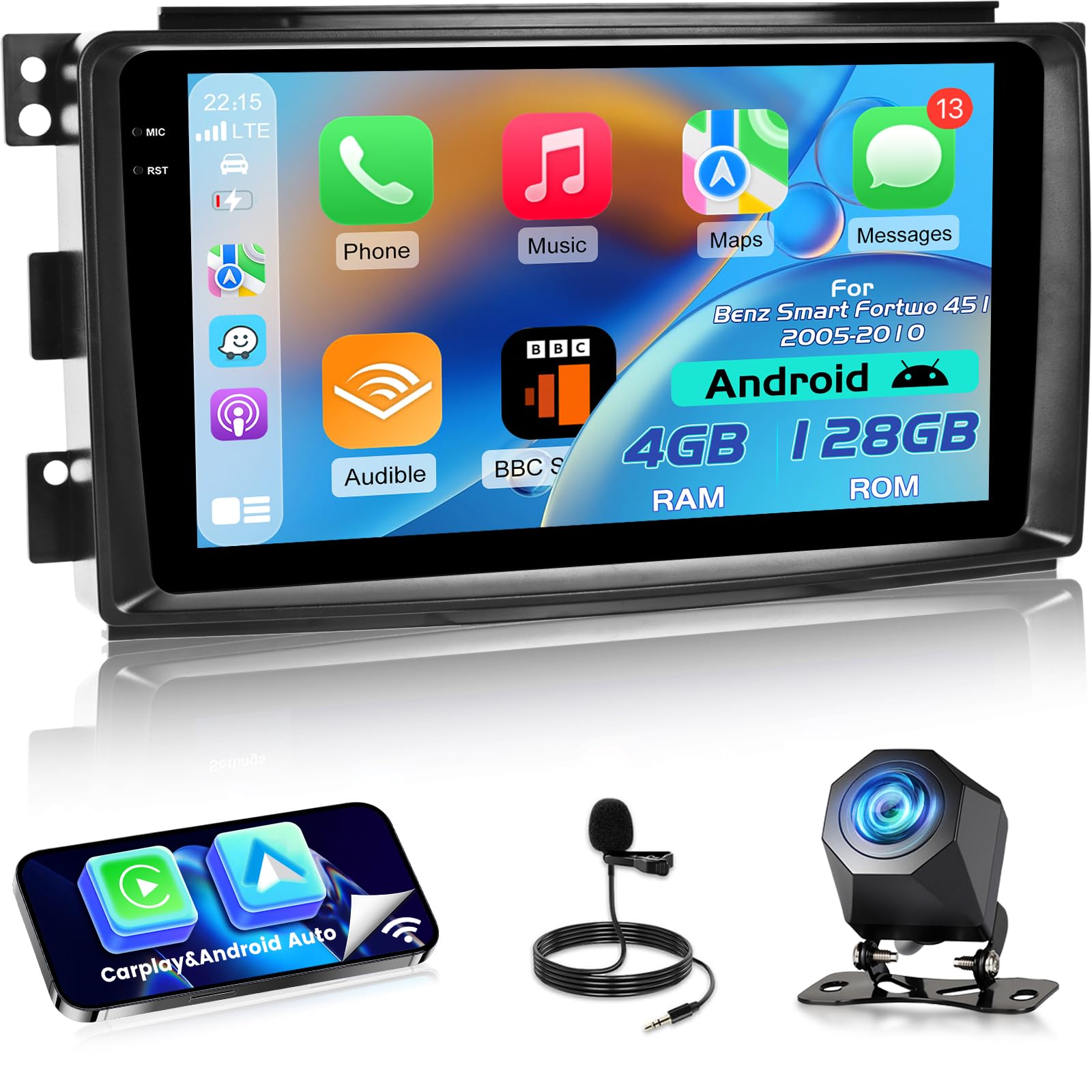 NHOPEEW 4+128G Autoradio per Benz Smart Fortwo 451 2005-2010 con Wireless Carplay e Android Auto - Schermo incell da 9 pollici Supporto WiFi GPS Comandi al volante + Telecamera di retromarcia