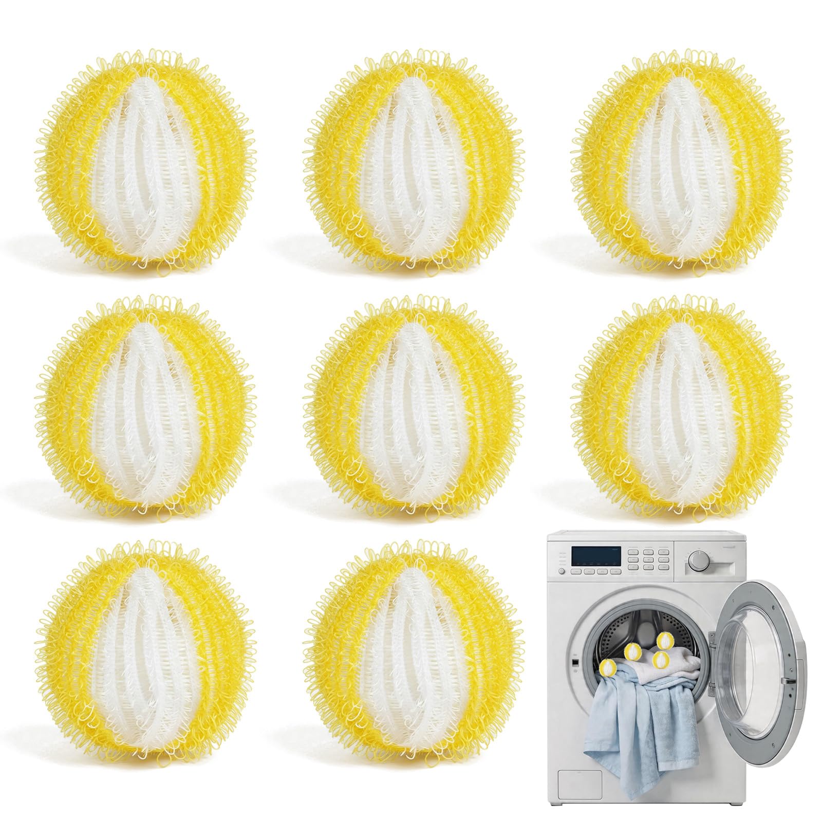 Laundry Balls, 8PCS Pet Hair Remover for Laundry, Reusable Lint Catcher Washing Machines Animal Fur Clothes Hamper Hair Remover for Laundry Bedding Clothes(8,Yellow and White)