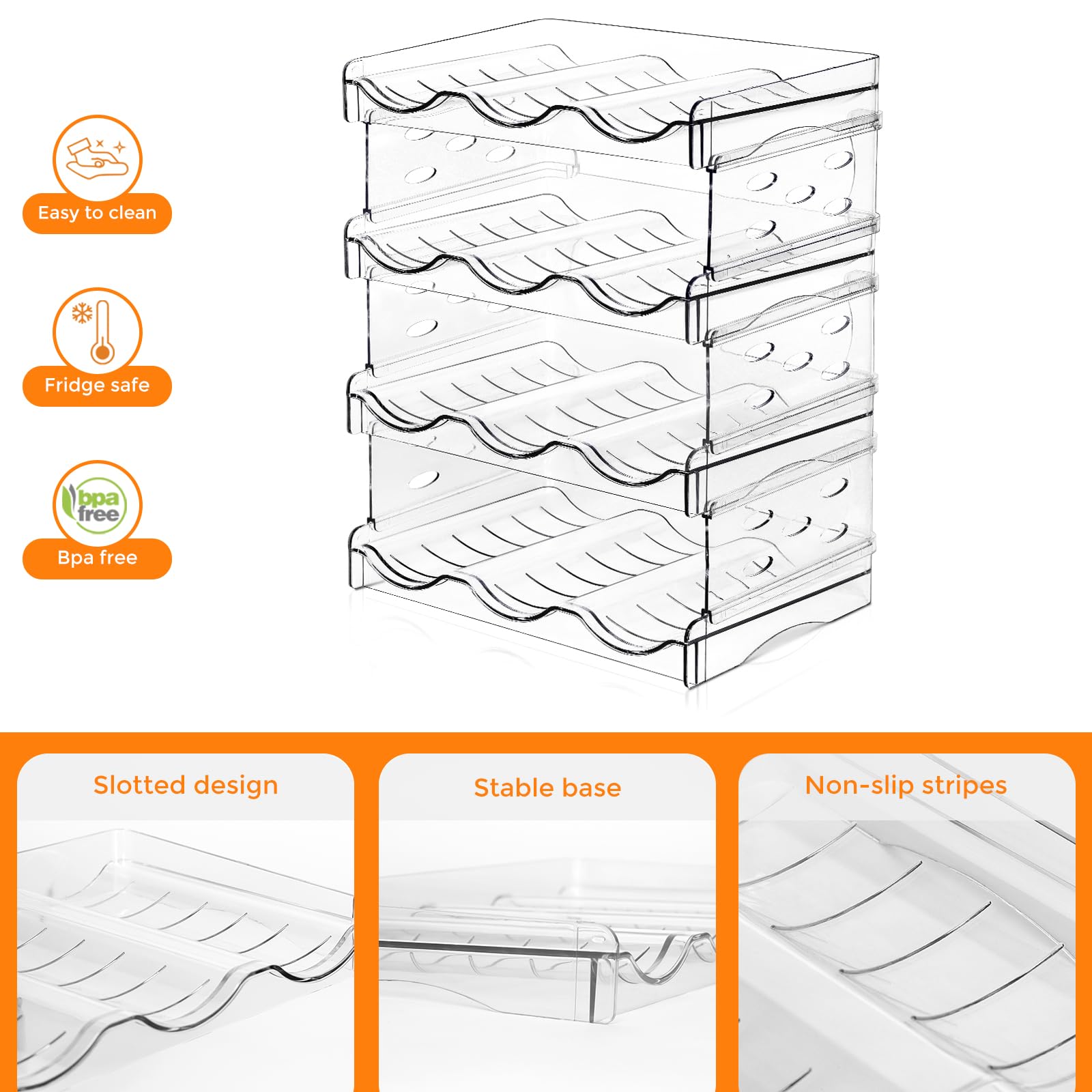 BoxedHome Weinregal Stapelbar Wasserflasche Organizer Kunststoff Flaschenhalter Schrank Organizer Aufbewahrung für Gefrierschrank Schrank Speisekammer (4 Etagen 12 Flaschen)