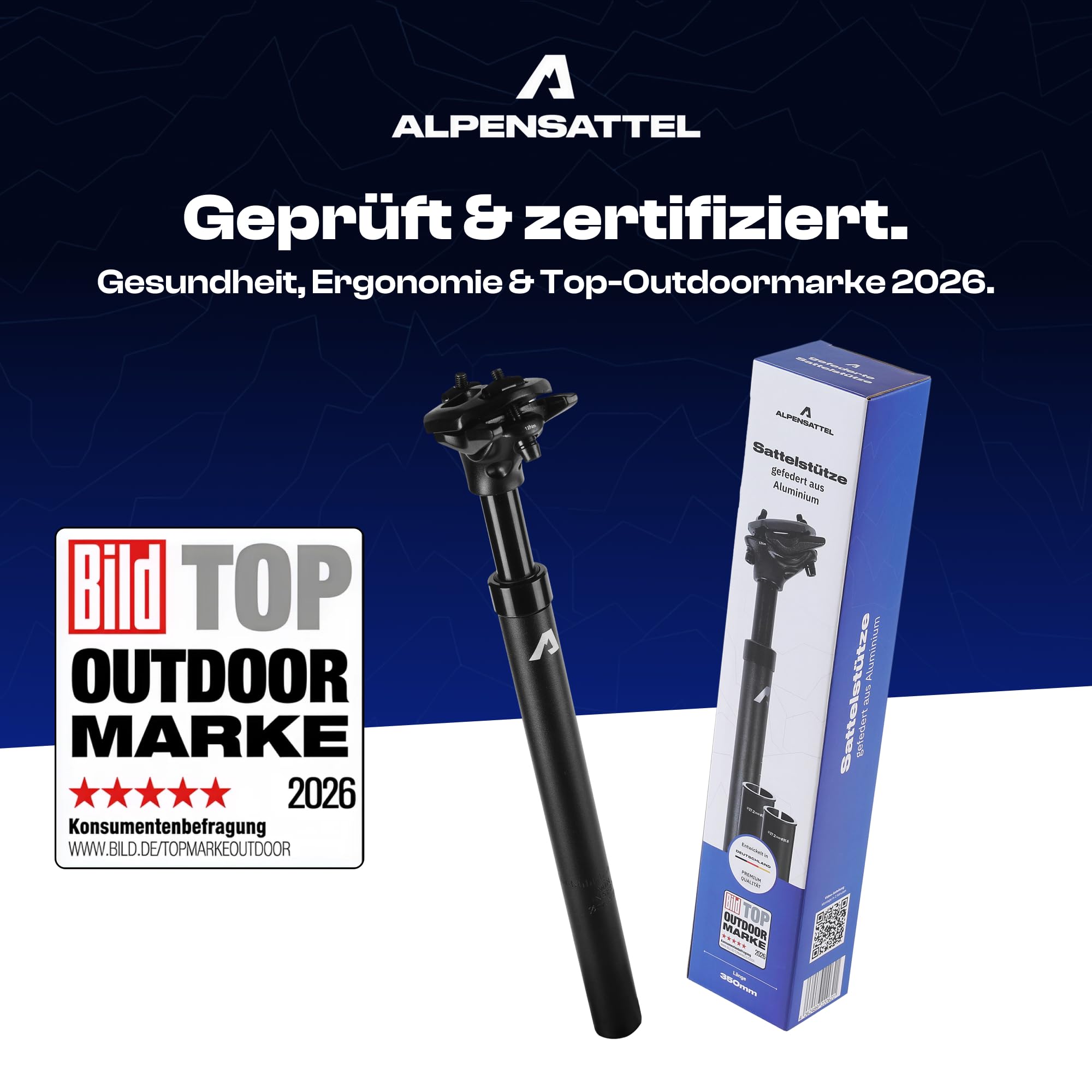 Alpensattel Reggisella ammortizzato, in alluminio 6061, 350 mm, diametro 27,2 mm, corsa della molla 45 mm, 500 g, per MTB, E-bike, trekking, ghiaia, bici da corsa