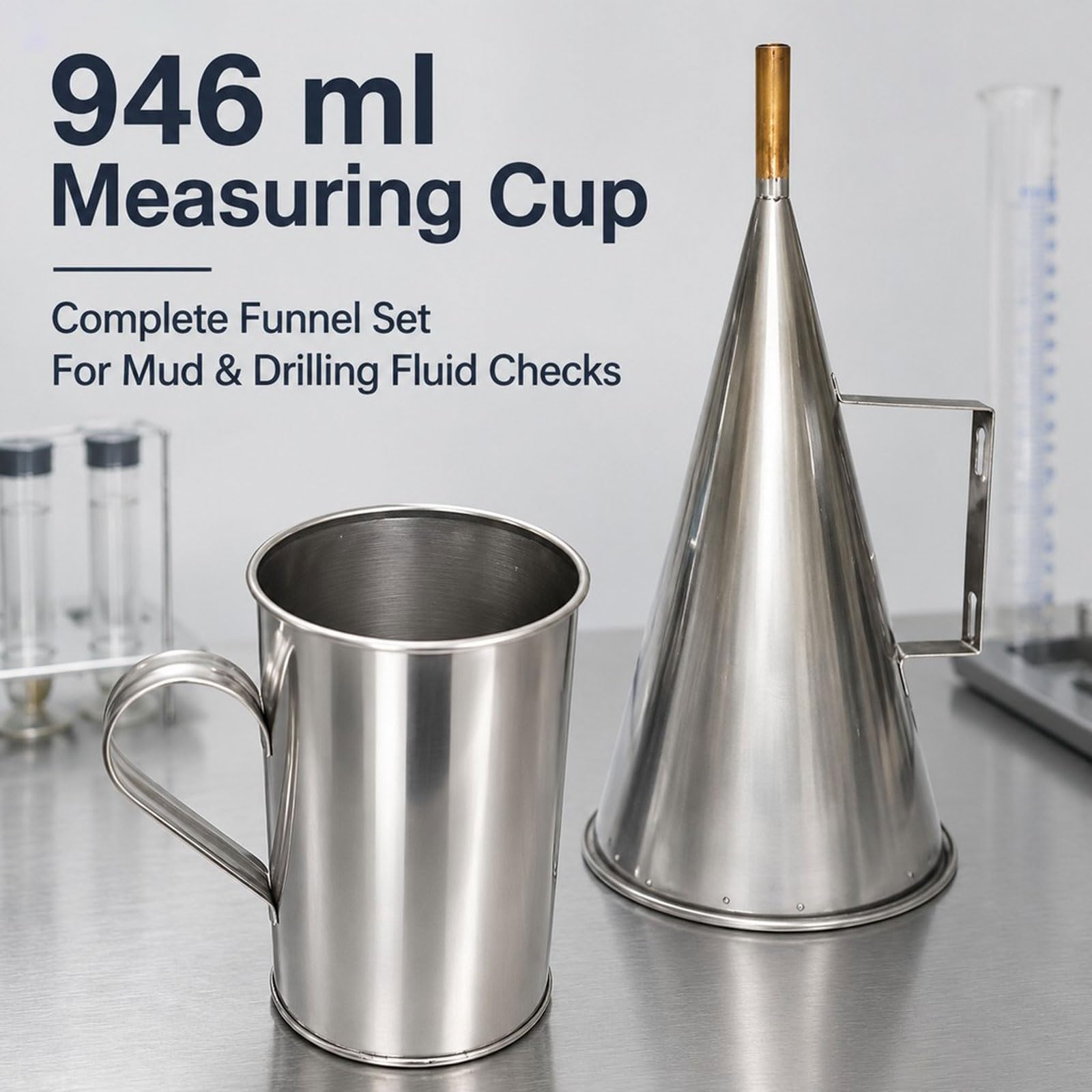 Viscómetro de embudo Marsh de 12", juego de detectores de prueba de acero inoxidable con vaso medidor de 946 ml, tamaño de malla de pantalla de 1,6 mm (malla 12), con vaso medidor de 946 ml