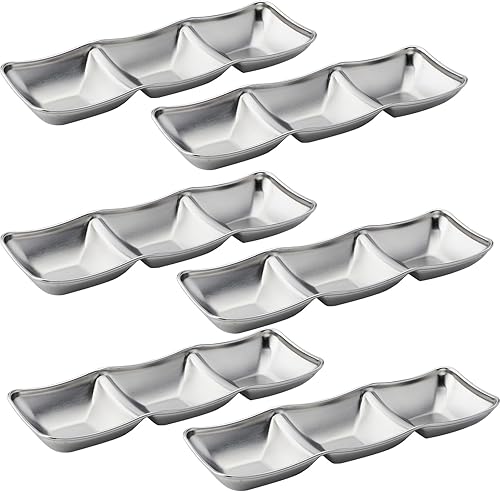 Miniatura 10 de 3 cuencos de acero inoxidable para salsa de soja, 3 rejillas divididas, platos de acompañamiento para salsa de soja, salsa de tomate, condimentos,