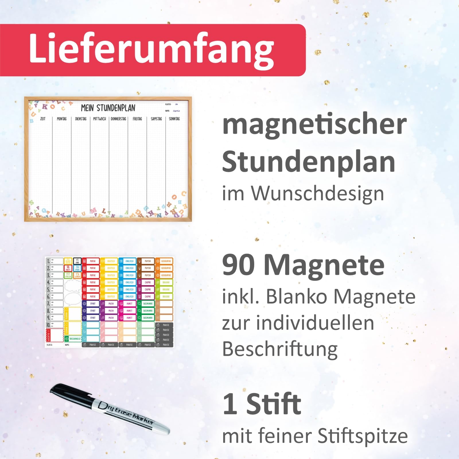 Magnetischer Stundenplan grün 90 Magneten Stift abwischbar Wochenplaner Schule 40 x 30 cm