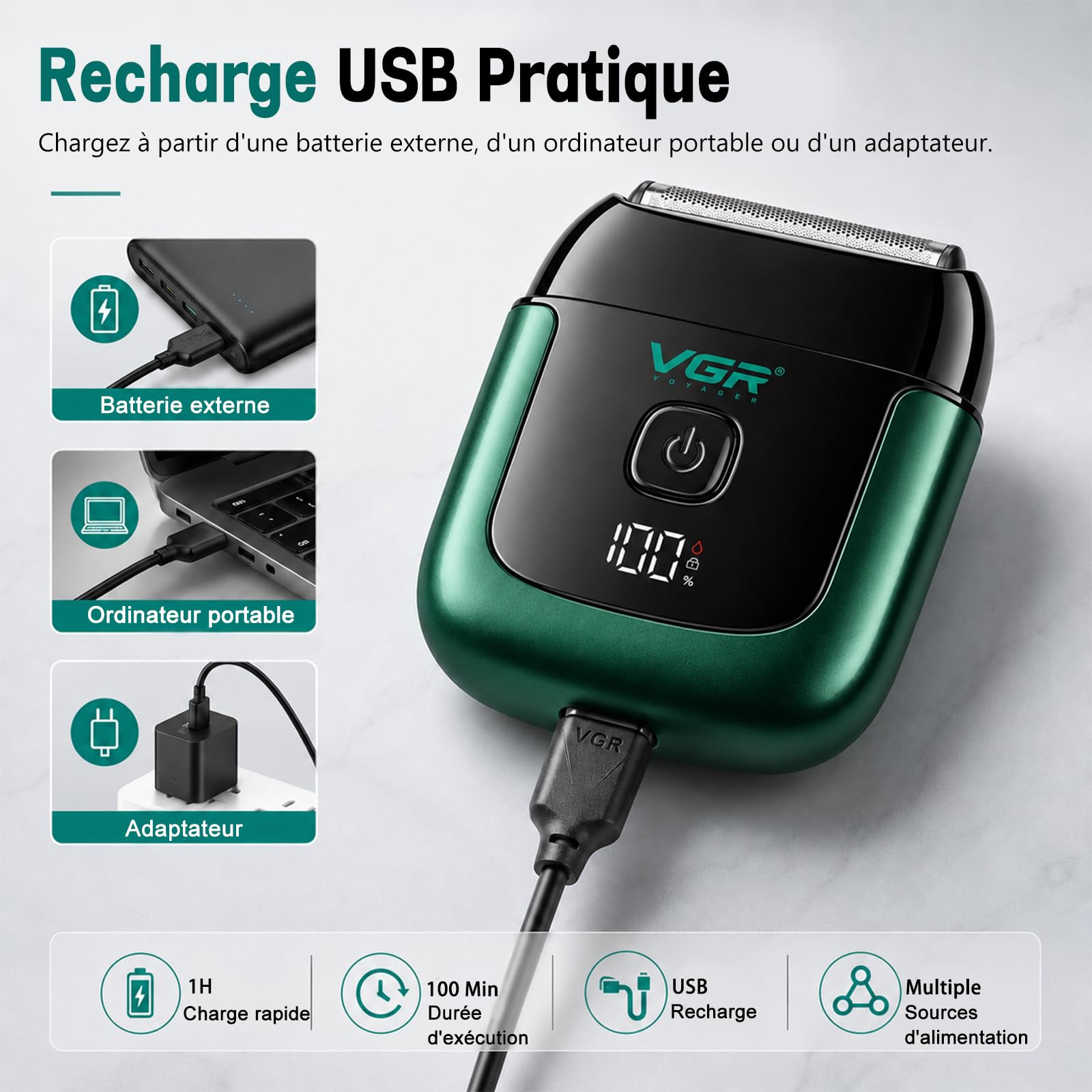 VGR 380 Mini Rasoir Electrique Avec Cadenas De Voyage, Étanche IPX6, Vert