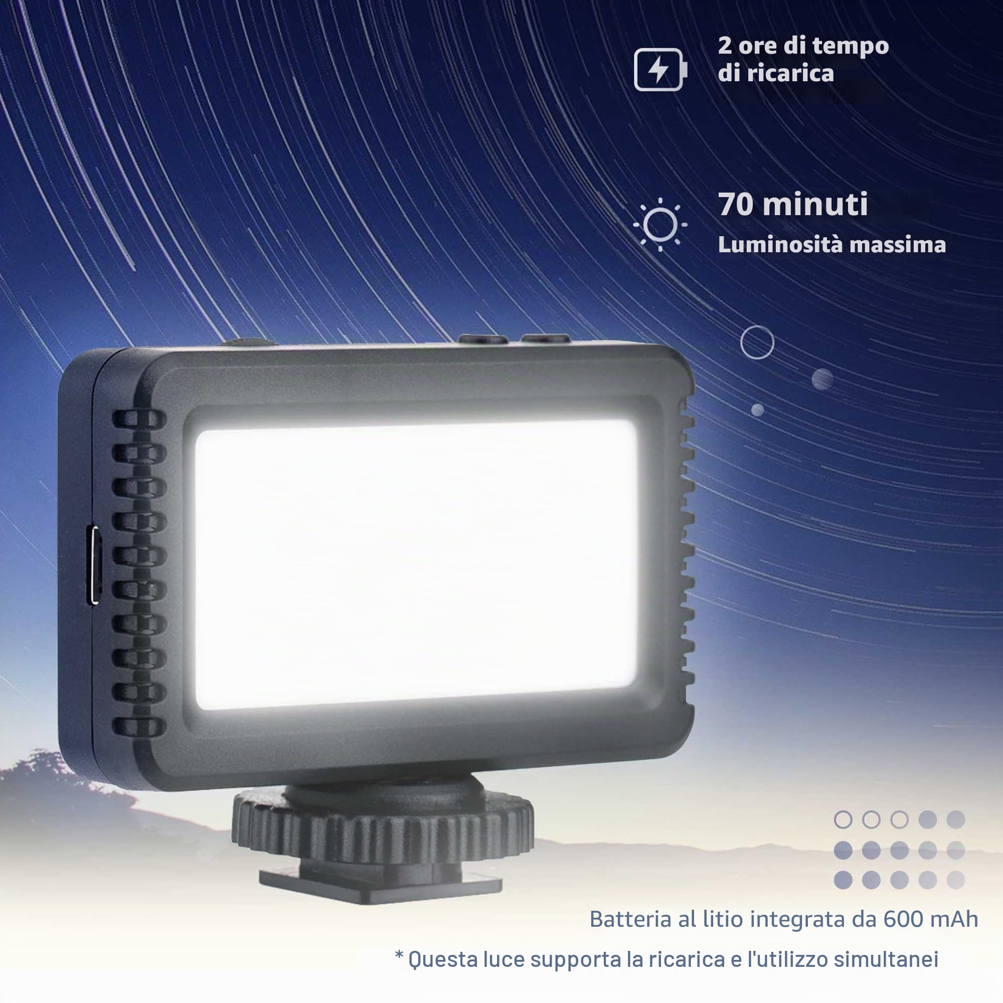 KIWIFOTOS Mini Luce Video LED per fotocamera Sony ZV-E10 ZV-1 ZV1II ZV1F A6400 A6100 A7C A7SIII per Canon PowerShot V1 M50II, Lampada di Riempimento Ricaricabile Portatile per Fotografia Video Vlog
