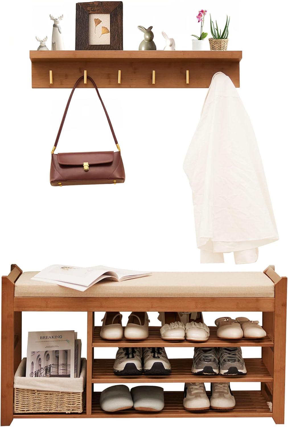 Hall Tree with Bench and Shoe Storage, Coat Rack Shoe Bench Set with Seat Cushion and 6 Hooks for Entryway, Hallway, Living Room and Bedroom Brown 39 in with hook