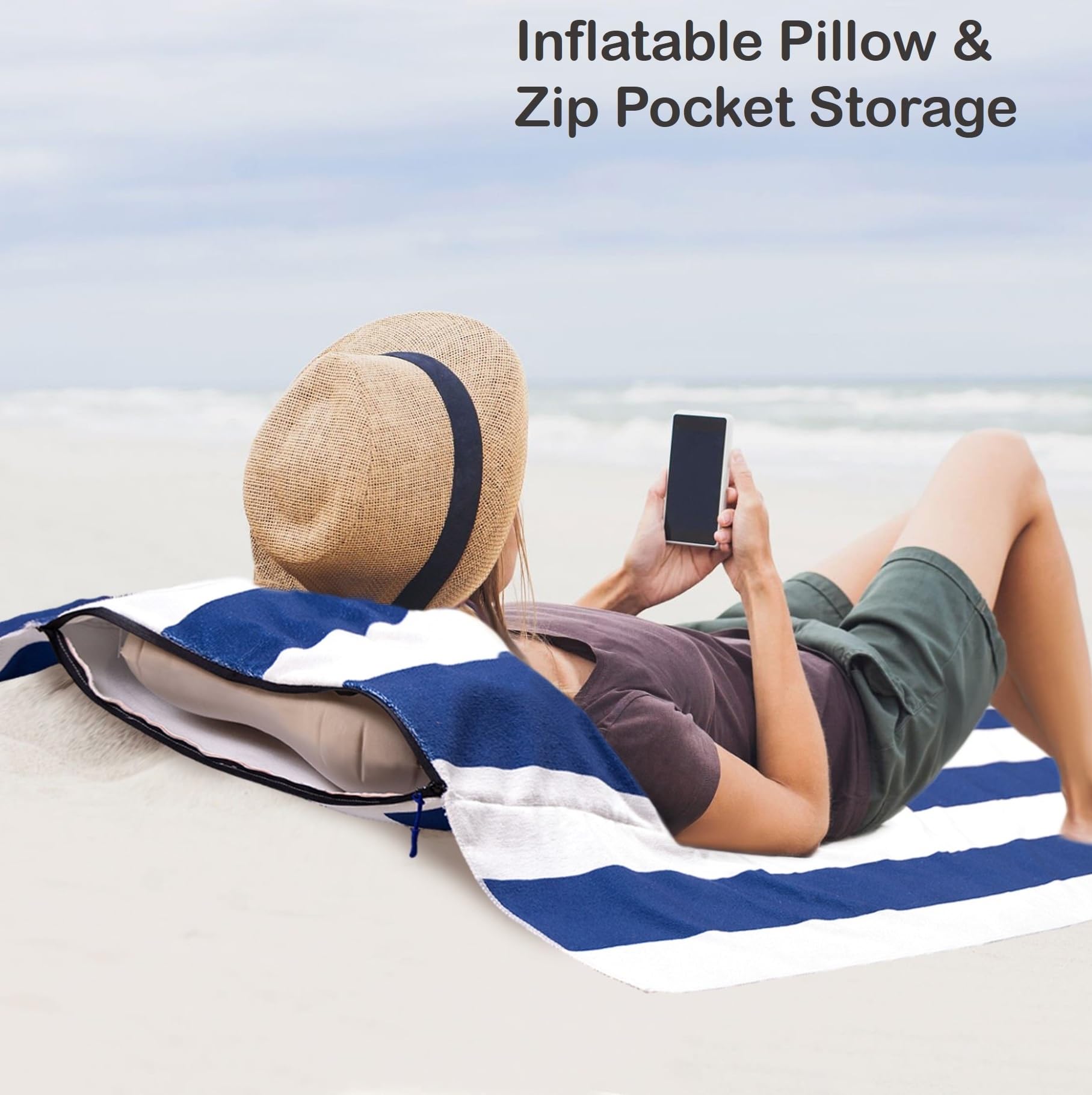 Olly & Rose Luxury Microfibre Extra Large Beach Towel with Zip Pocket and Inflatable Pillow and Reversible Pattern 100 x 200cm Blue - Image 2