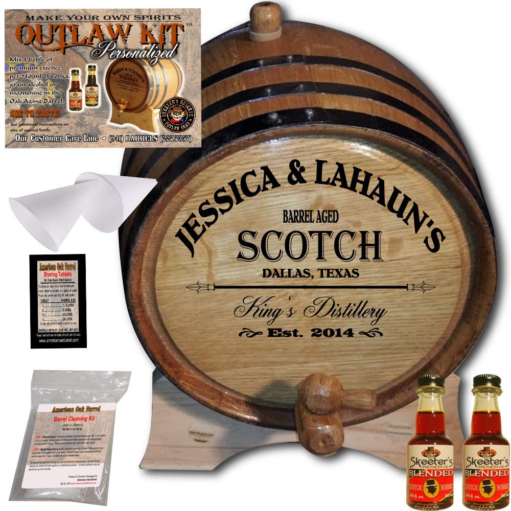 Personalized Whiskey Making Kit (061) - Create Your Own Blended Malt Whiskey - The Outlaw Kit from Skeeter's Reserve Outlaw Gear - MADE BY American Oak Barrel - (Oak, Black Hoops, 2 Liter)