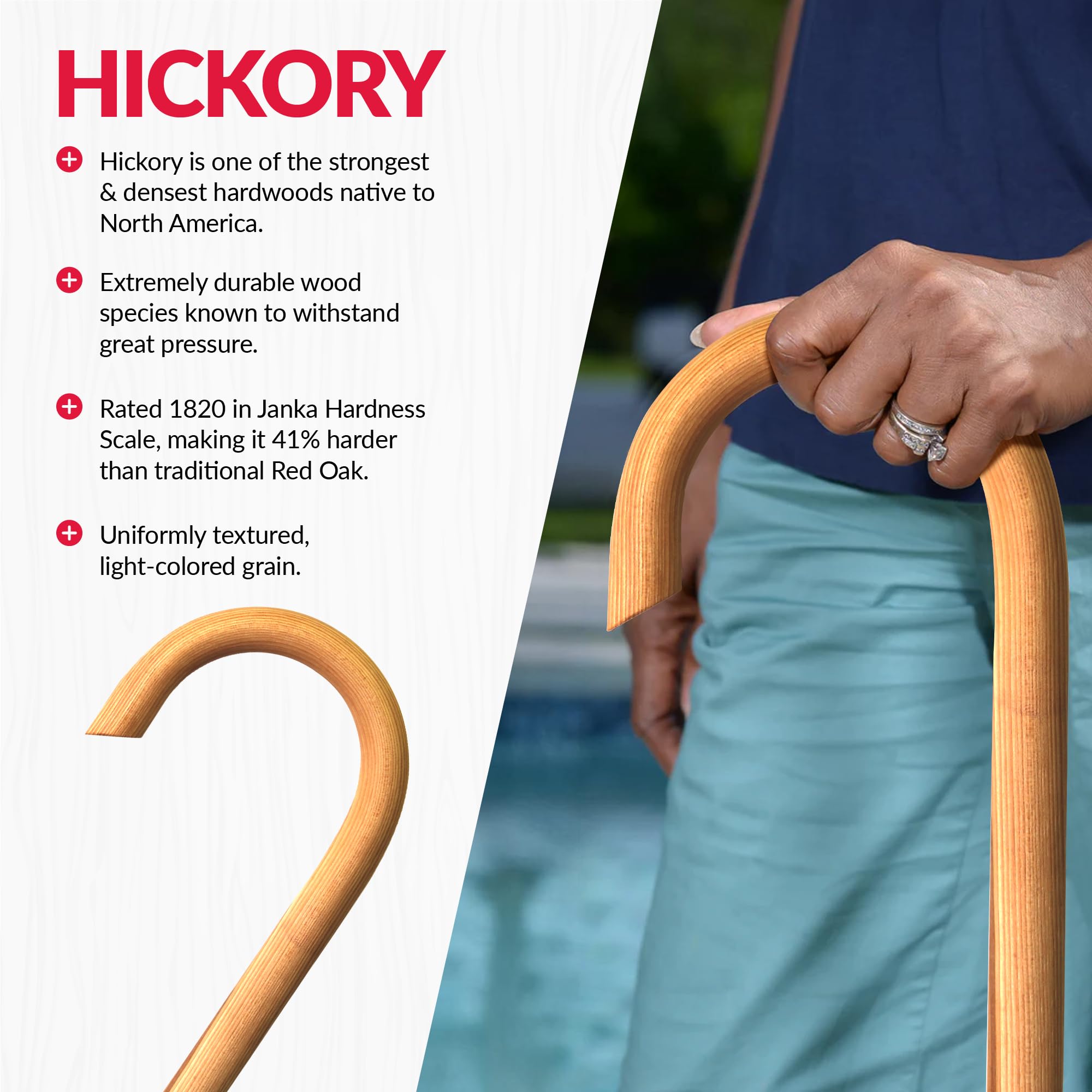 Handmade Wooden Classic American Walking Cane | Highly Durable American Hickory Wood Walking Cane | Ergonomic Handle and Body Grip Anti-Slip Rubber Tip Wood product thumbnail 4