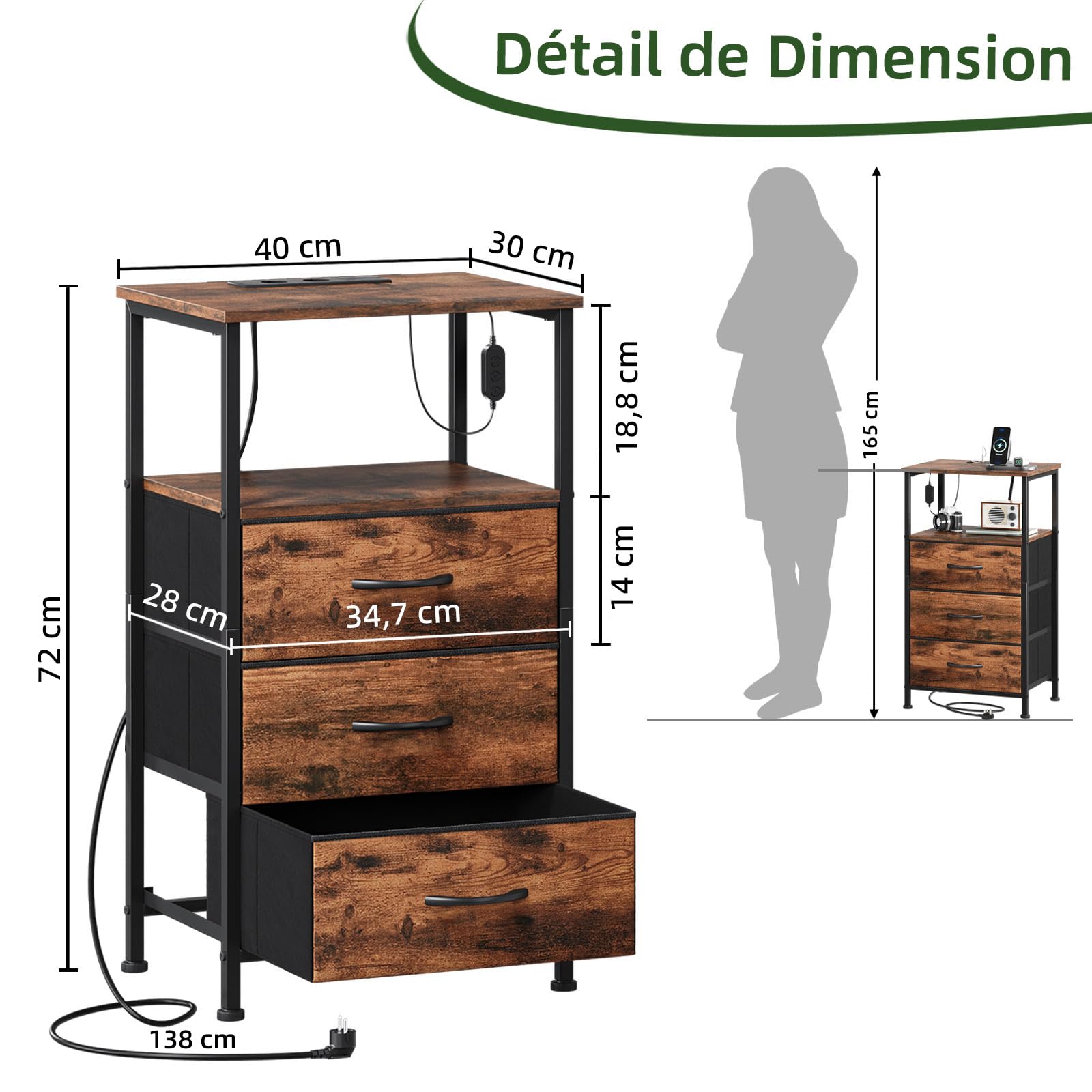 Somdot Table de Chevet Connectée, Table de Nuit LED par APP avec Station de Charge, Rangement Moderne 10,4 kg pour Chambre à Coucher Salon, 30P x 40l x 72H (3 Tiroirs), Imprimé Grain de Bois, Lot de 2