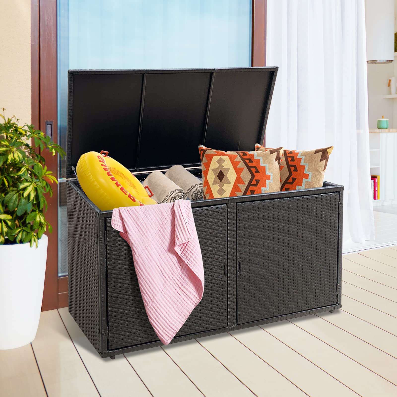 GIANTEX Cassapanca Per Esterni in Metallo e PE Rattan, Ideale Per Tenere in Ordine, 310 L,115 x 60 x 65/120 cm, 2 Colori (Nero)