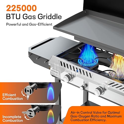 Miniatura 4 de Veralune Estufa y plancha de propano 3 en 1 con encendido y regulador, 225,000 BTU Potente plancha de gas portátil con estante de almacenamiento,