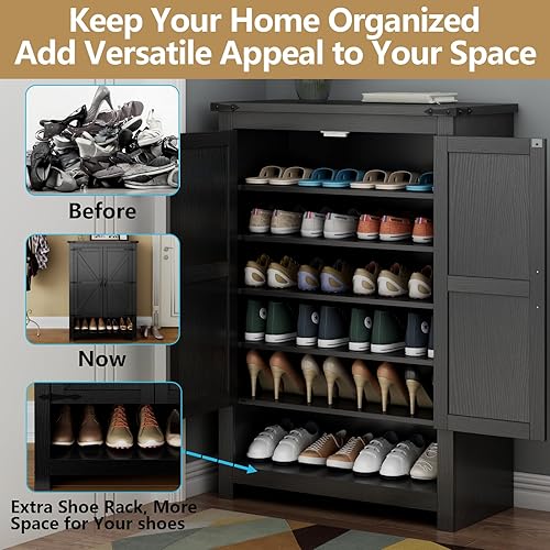 Miniatura 7 de Loomie Armario de zapatos con puertas, 7 niveles y 28 pares de almacenamiento para zapatos, armarios estrechos ocultos con estantes ajustables,