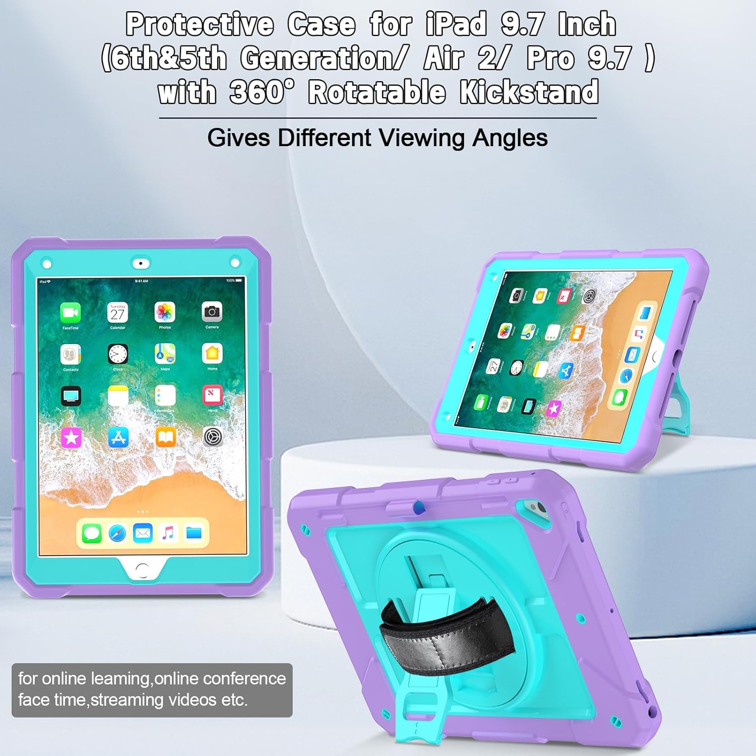 LTROP iPad 6th/5th Generation Case,iPad 9.7 Case,iPad Air 2 Case for Kids,Shockproof [Shoulder Strap][Pencil Holder][Swivel Stand] Cover Case for iPad 9.7 Inch 2018/2017, Teal/Purple