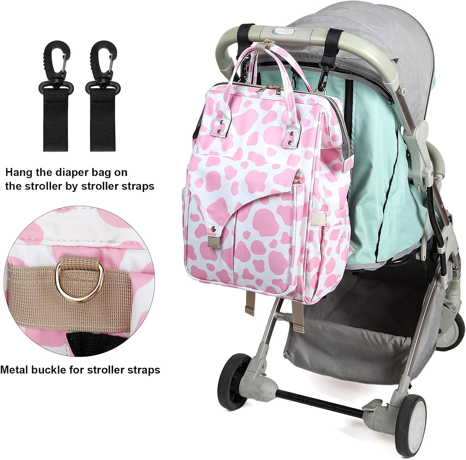 Cow Print Diaper Bag Backpack for Baby Girls Boys, Large Capacity Multifunction Waterproof Maternity Mom Nappy Bags with Stroller Straps (Pink) Cow Print Pink image 6 of 7 B0FCF1M986