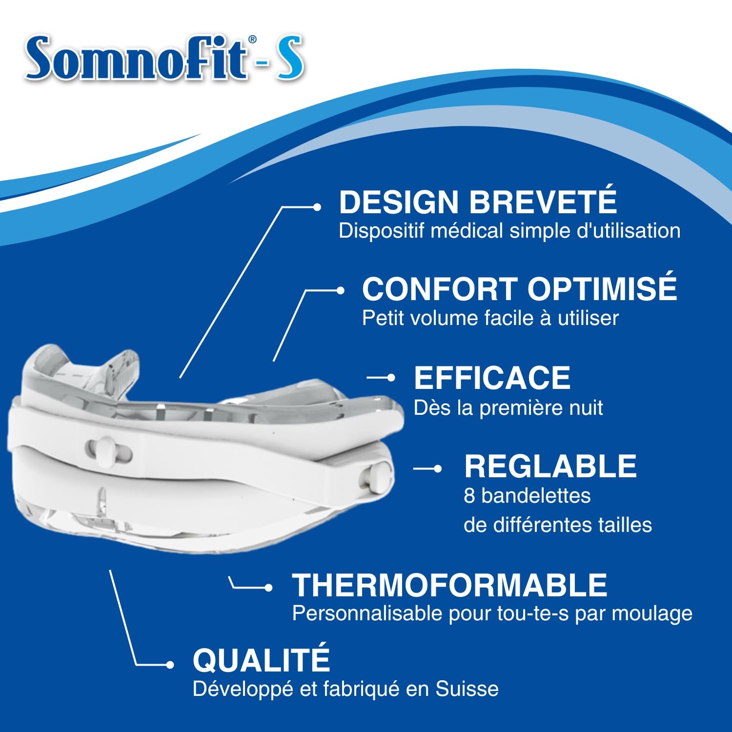 S - Orthèse Anti-Ronflement - Gouttière Dentaire Flexible et Thermoformable - Design Breveté, Grand Confort - Orthèse Mandibulaire Fabriquée en Suisse