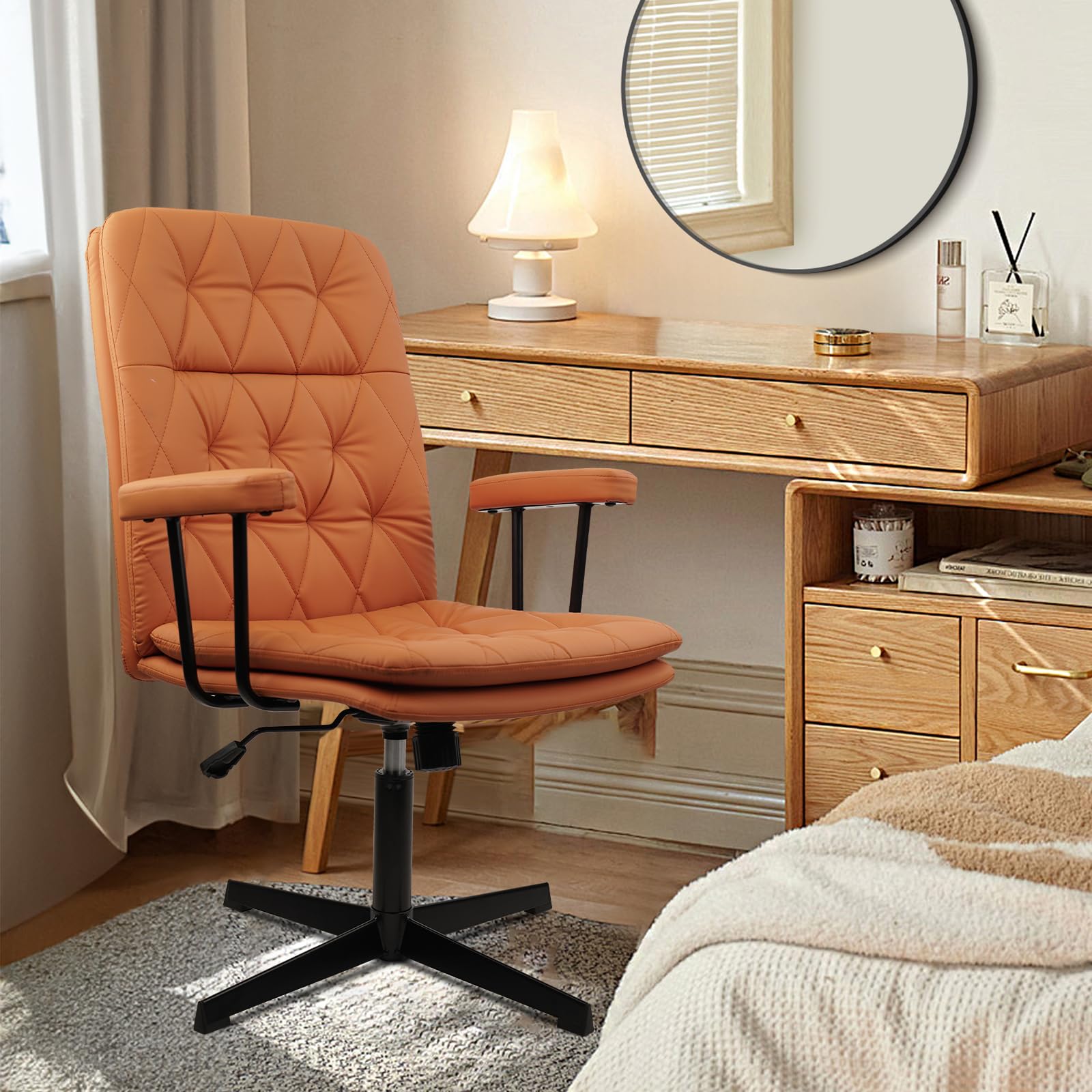 CLATINA Office Chair No Wheels Leather Criss Cross Desk Chairs with Arms Modern Cross Legged Computer Chair Mid