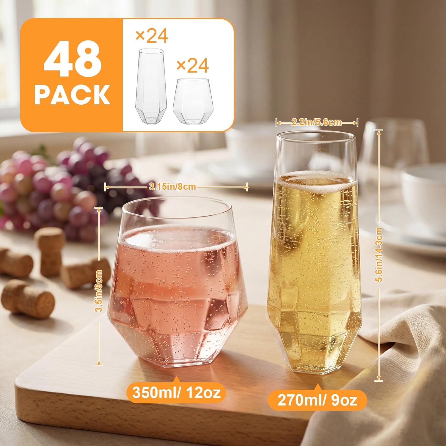 Remerry 48 Pack Stemless Plastic Wine Glasses 9 oz & 12 oz Disposable Champagne Flutes Cups Heavy Duty Shatterproof Toasting Cocktail Glasses for Weddings, Bars, Events(Clear Diamond)