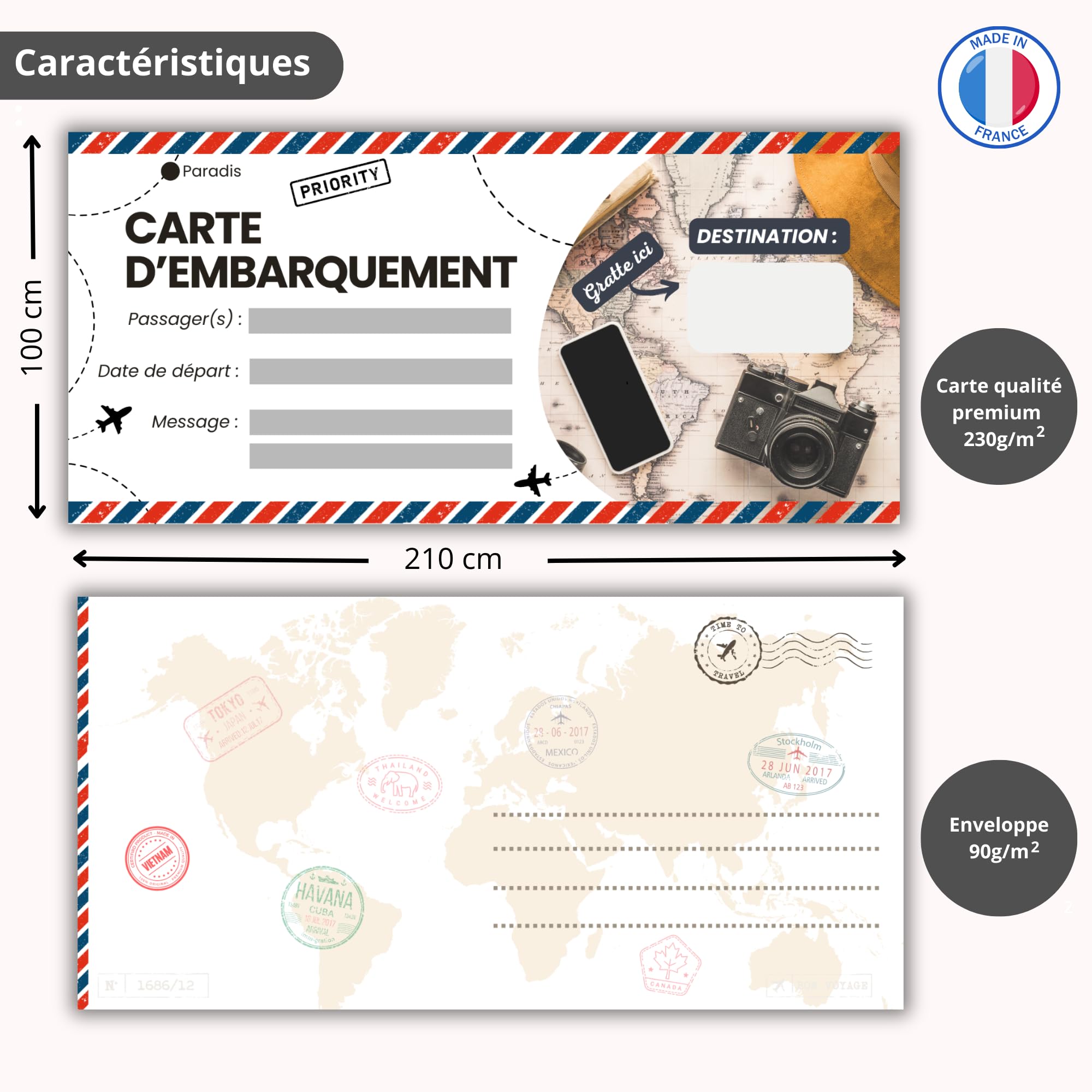 Carte à Gratter Voyage Surprise Personnalisable en Français - Billet d'Avion Annonce Cadeau Anniversaire Noël EVJF EVG - Pack de 2