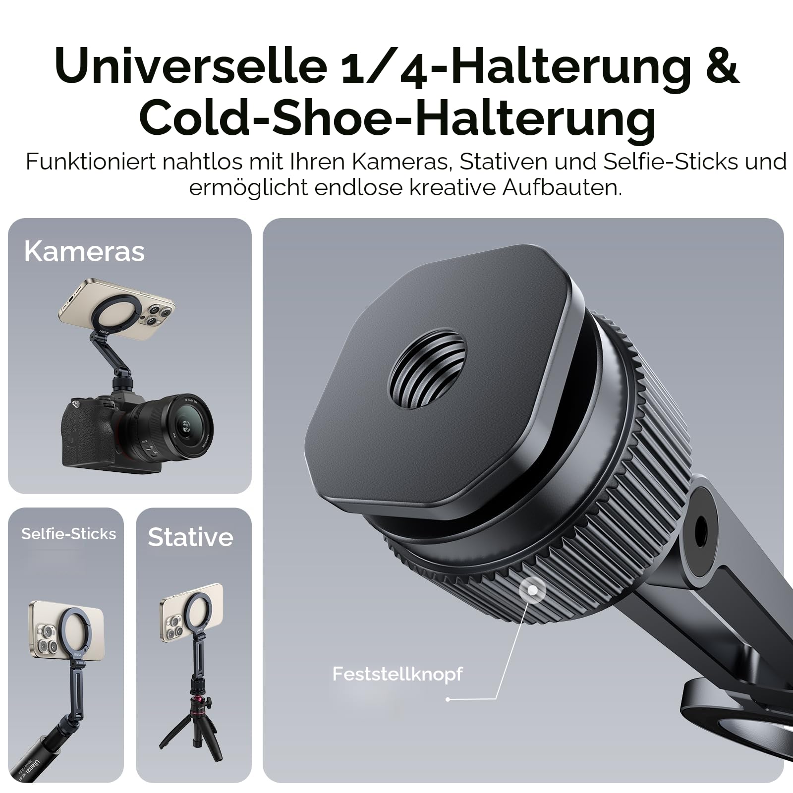 ULANZI MA07 MagLock Handyhalterung Magnetische mit 1/4" Schraubenloch Aluminium Adapter Stativ Faltbarer, Zubehör für Tripod Selfie Stick Smartphone Handyhalter kompatibel mit Magsafe/iPhone/Kamera