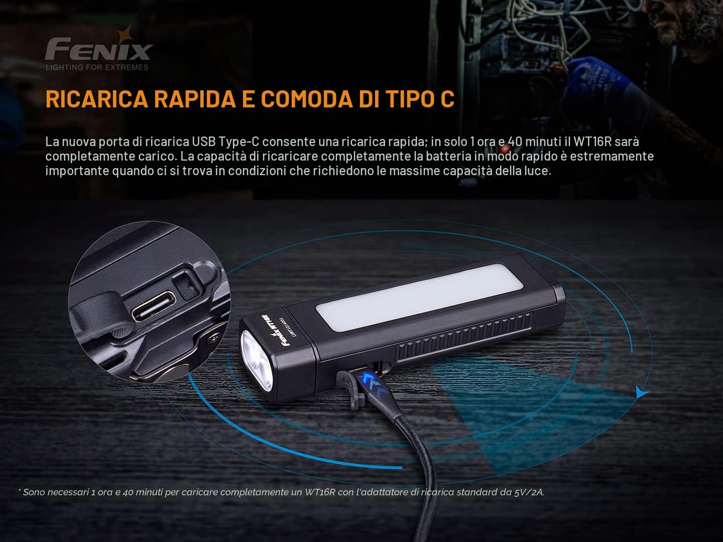 Fenix WT16R, torcia da lavoro ricaricabile e luce di area | 300 lumen | 115 m | max 30 ore | inondazione COB pannello laterale | modalità flash gialla | ampia clip corpo | base magnetica e pannello