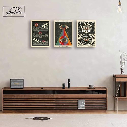 Miniatura 6 de Juego de 3 piezas de arte de pared hippie vintage de los años 70, ojos psicodélicos, impresiones de cuadros bohemios psicodélicos, citas